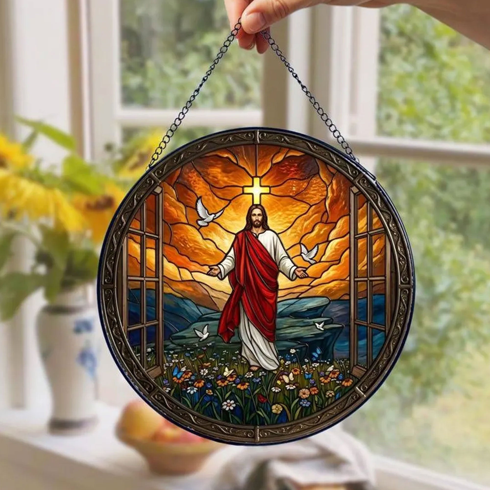 Jesus Stained Glass Suncatcher, Christian Window Hanging Decor, Religious Art Gift for Home