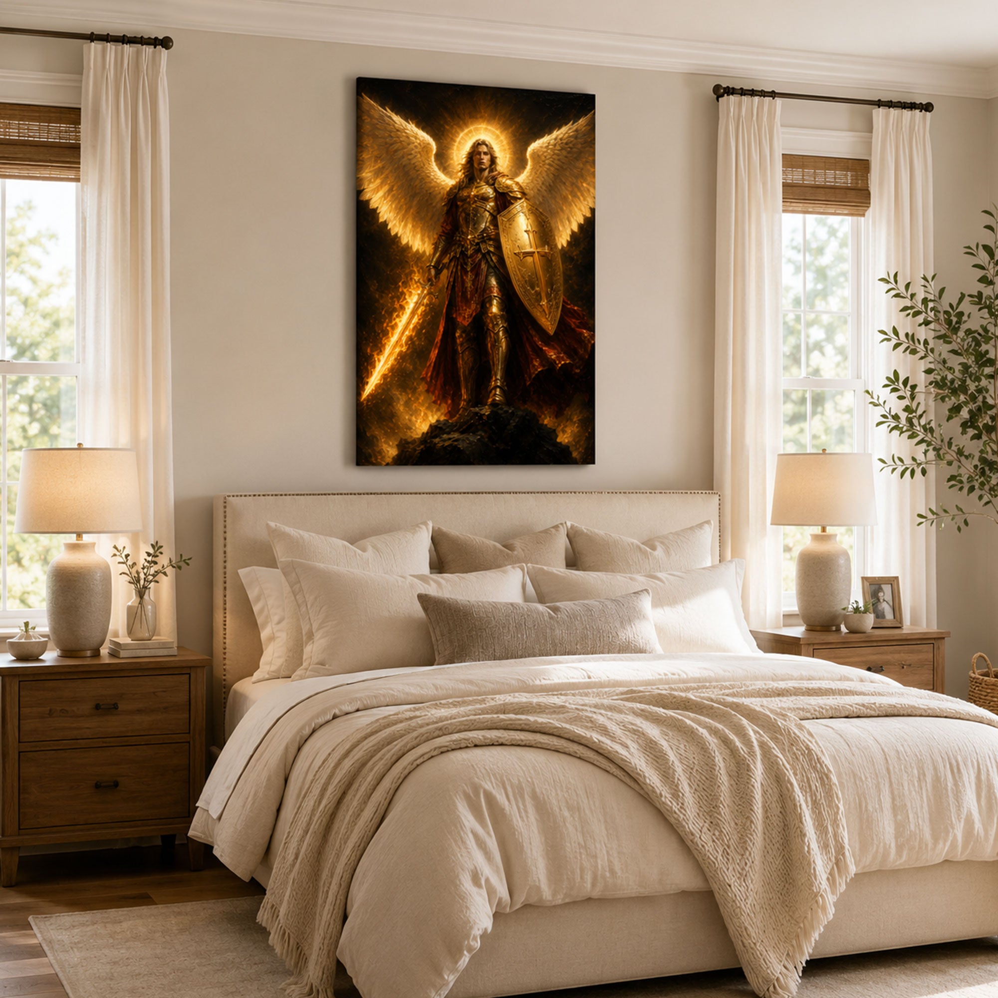 Saint Michael with Flaming Sword and Cross Shield Canvas Print, Catholic Home Decor