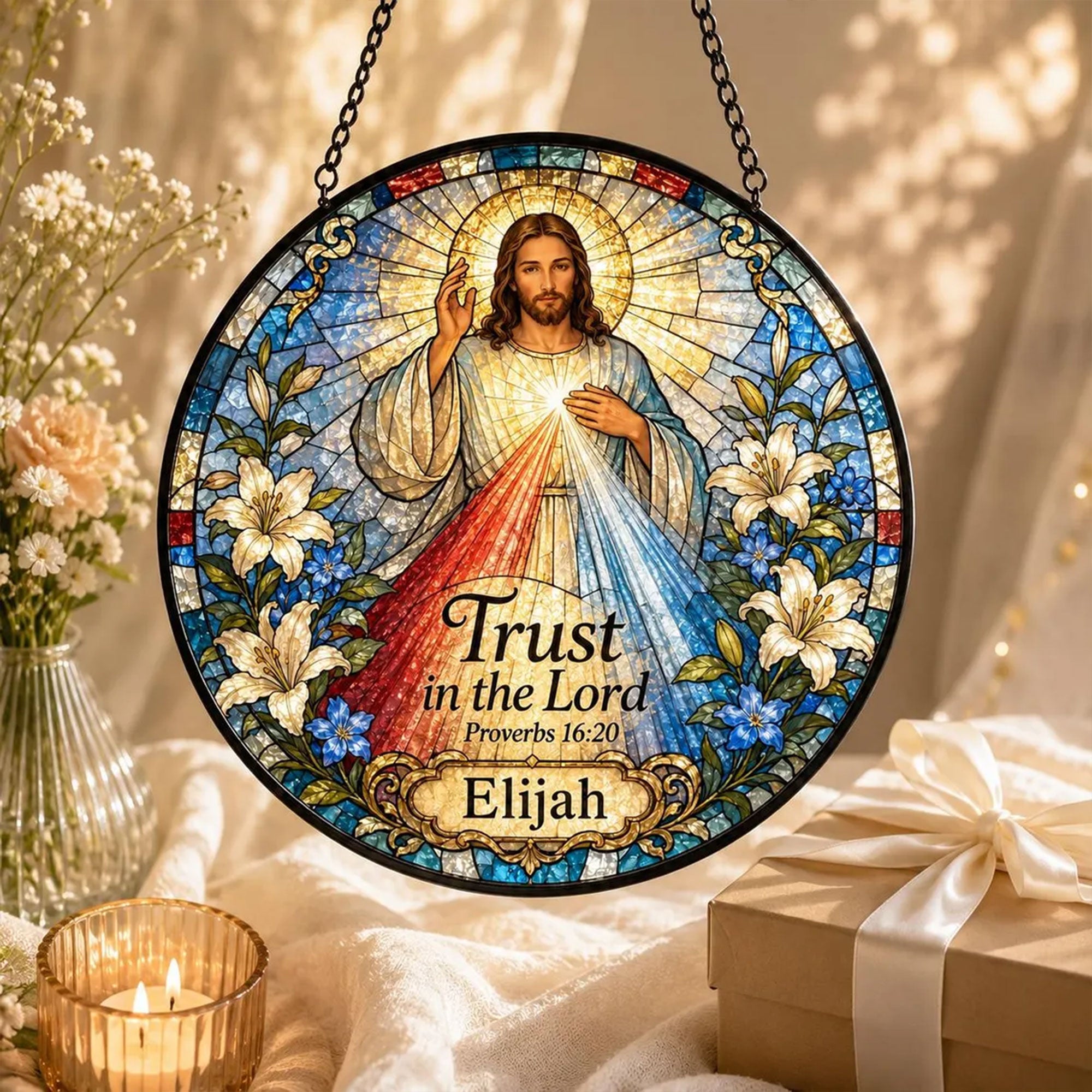 Personalized Divine Mercy Jesus Suncatcher, Trust in the Lord Proverbs 16:20, Catholic Gift