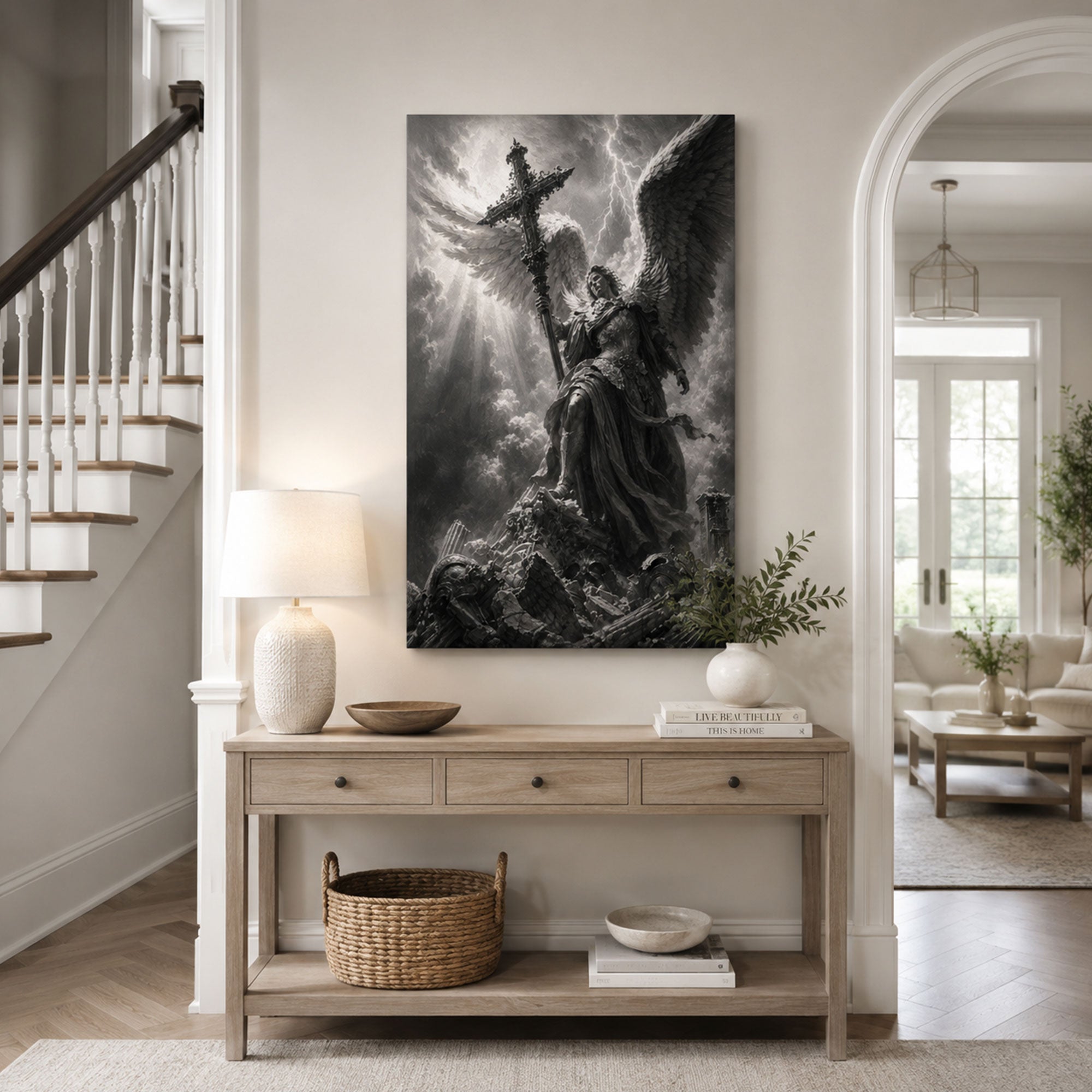Saint Michael the Archangel with Cross Canvas Print, Victory Over Evil Catholic Wall Decor, Protection Faith Gift