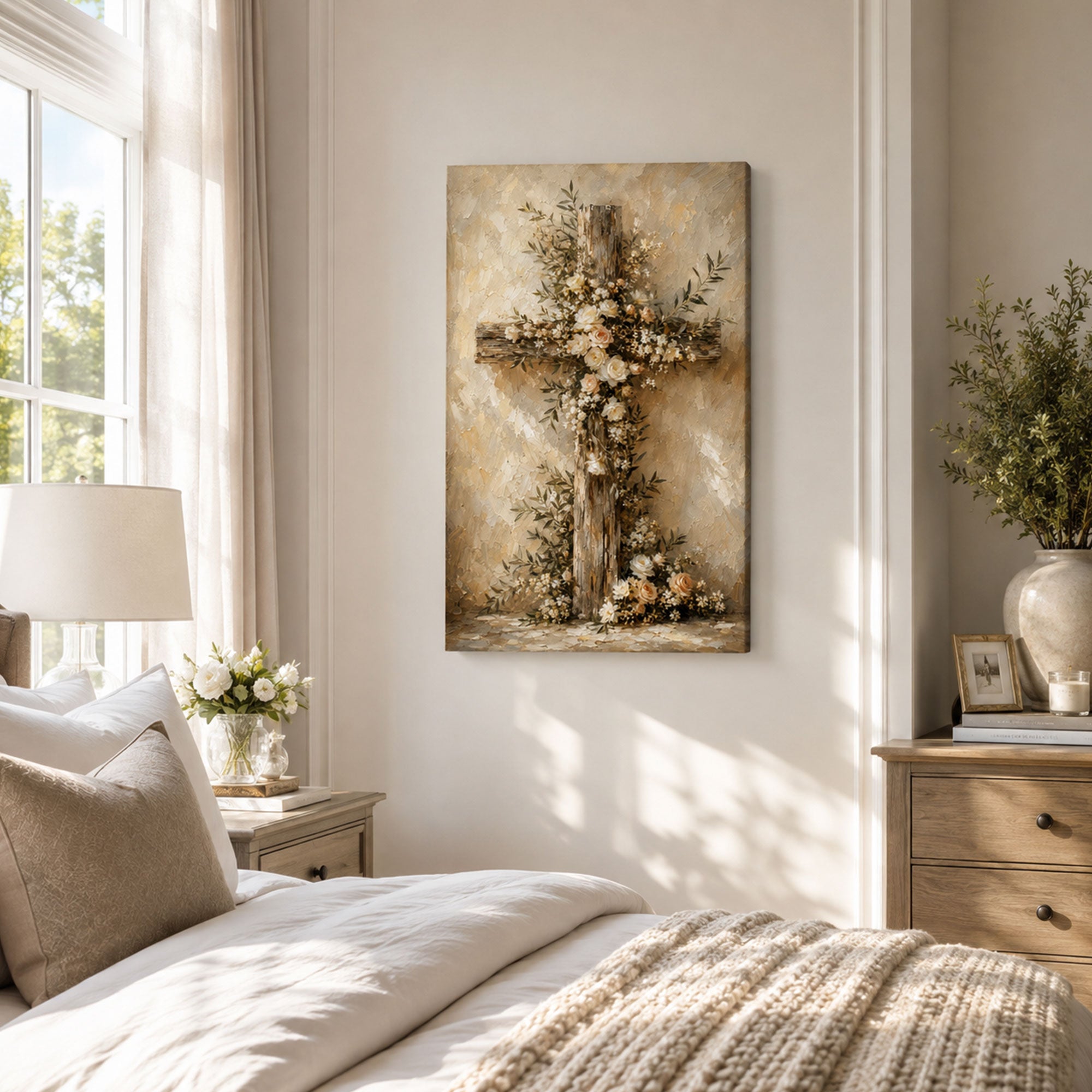 Floral Cross Canvas Print, Rustic Christian Wall Decor, Faith and Hope Gift
