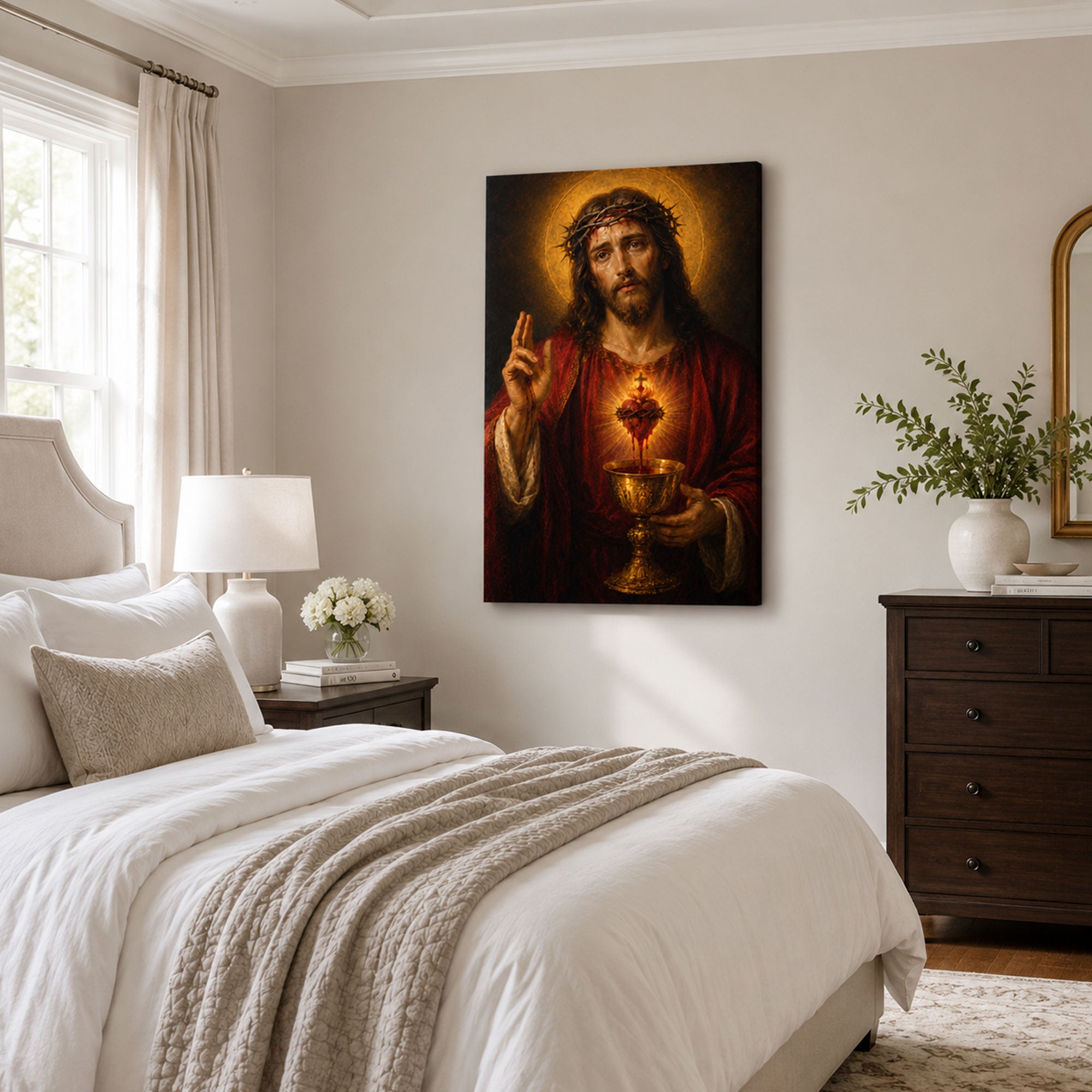 Sacred Heart of Jesus with Chalice Canvas Print, Catholic Precious Blood Wall Art, Faith Home Decor Gift