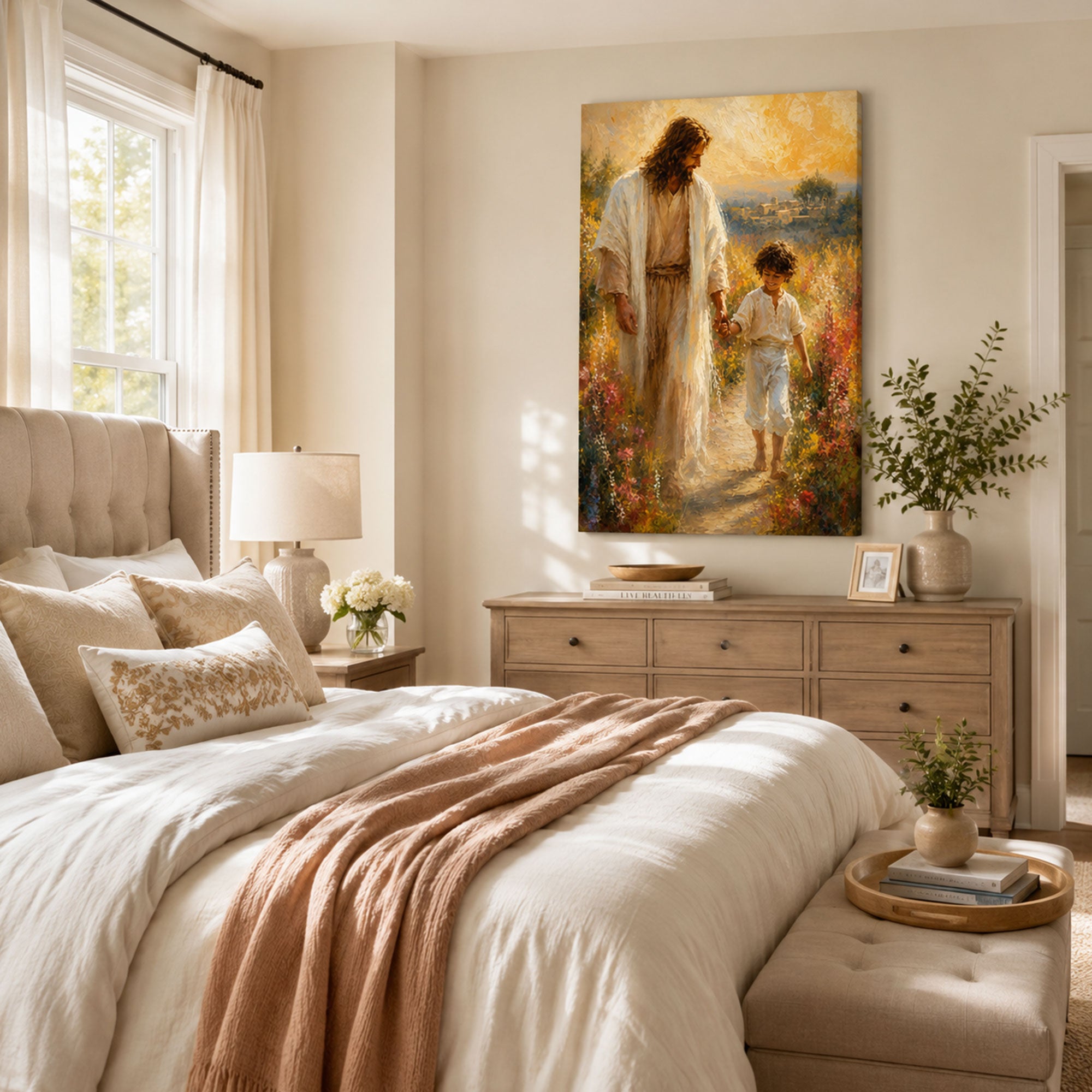 Jesus Walking with a Child Canvas Print, Peaceful Christian Home Decor