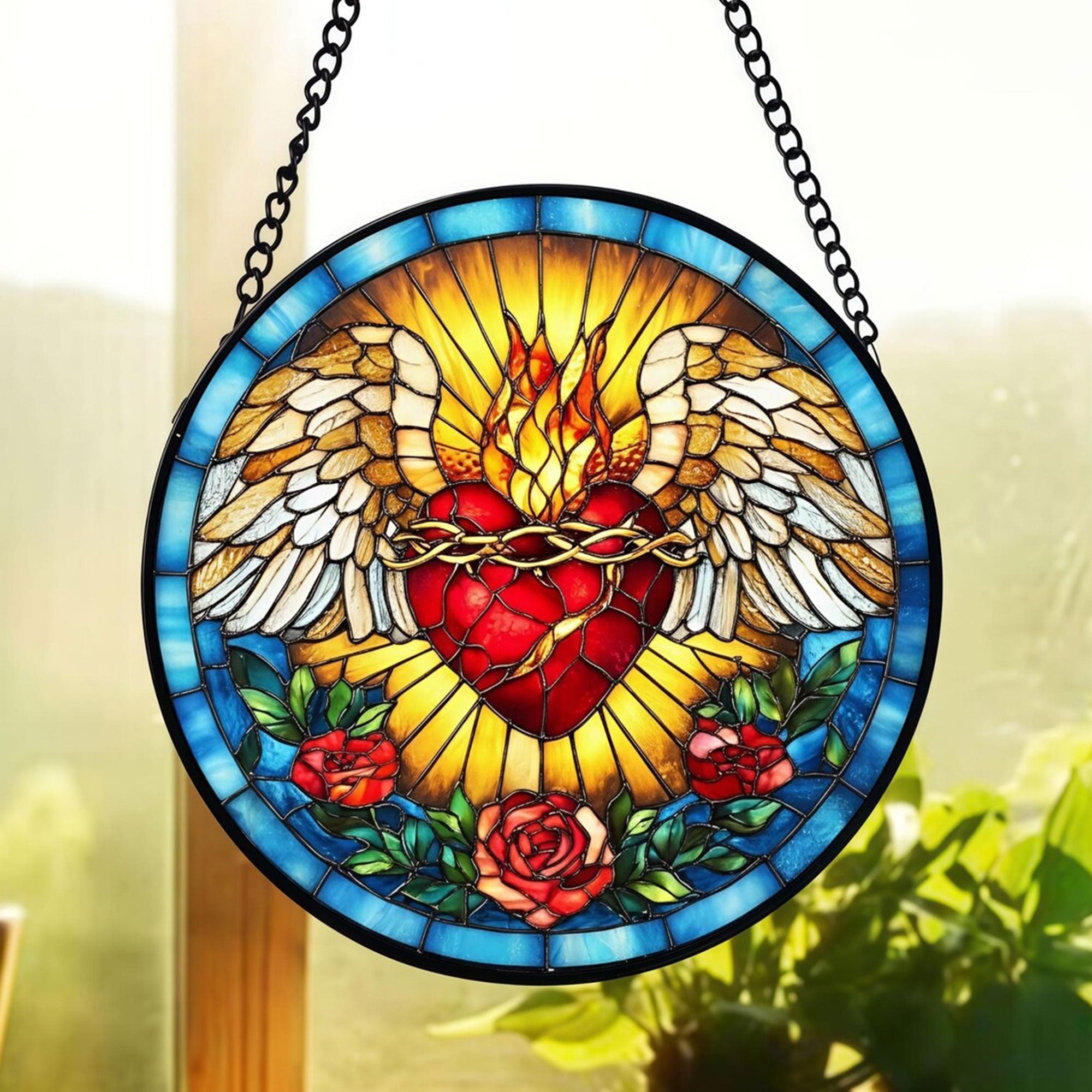 Sacred Heart of Jesus Stained Glass Suncatcher, Catholic Window Hanging Decor, Christian Religious Faith Gift