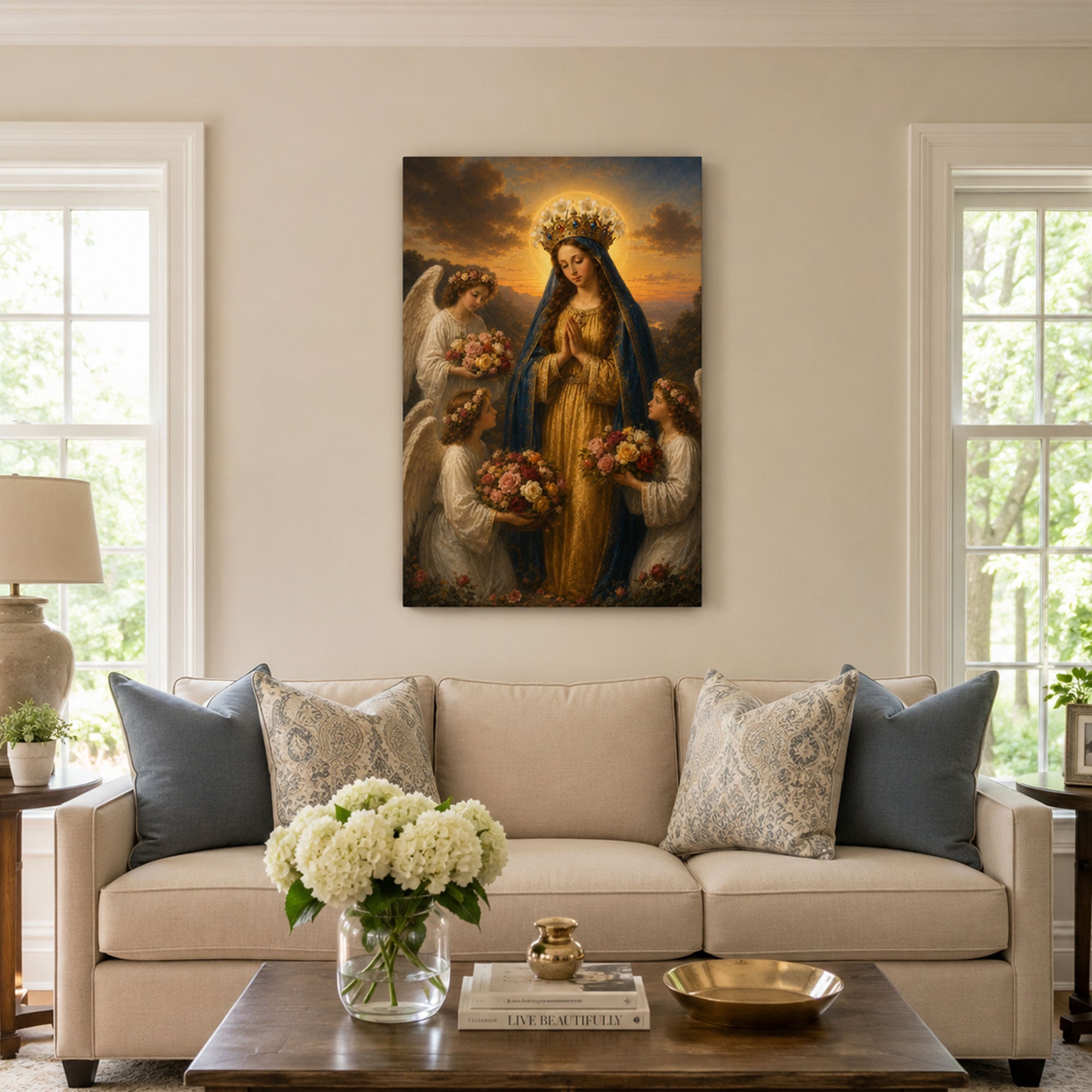 Crowned Virgin Mary with Angels and Flowers Canvas Print, Catholic Home Decor