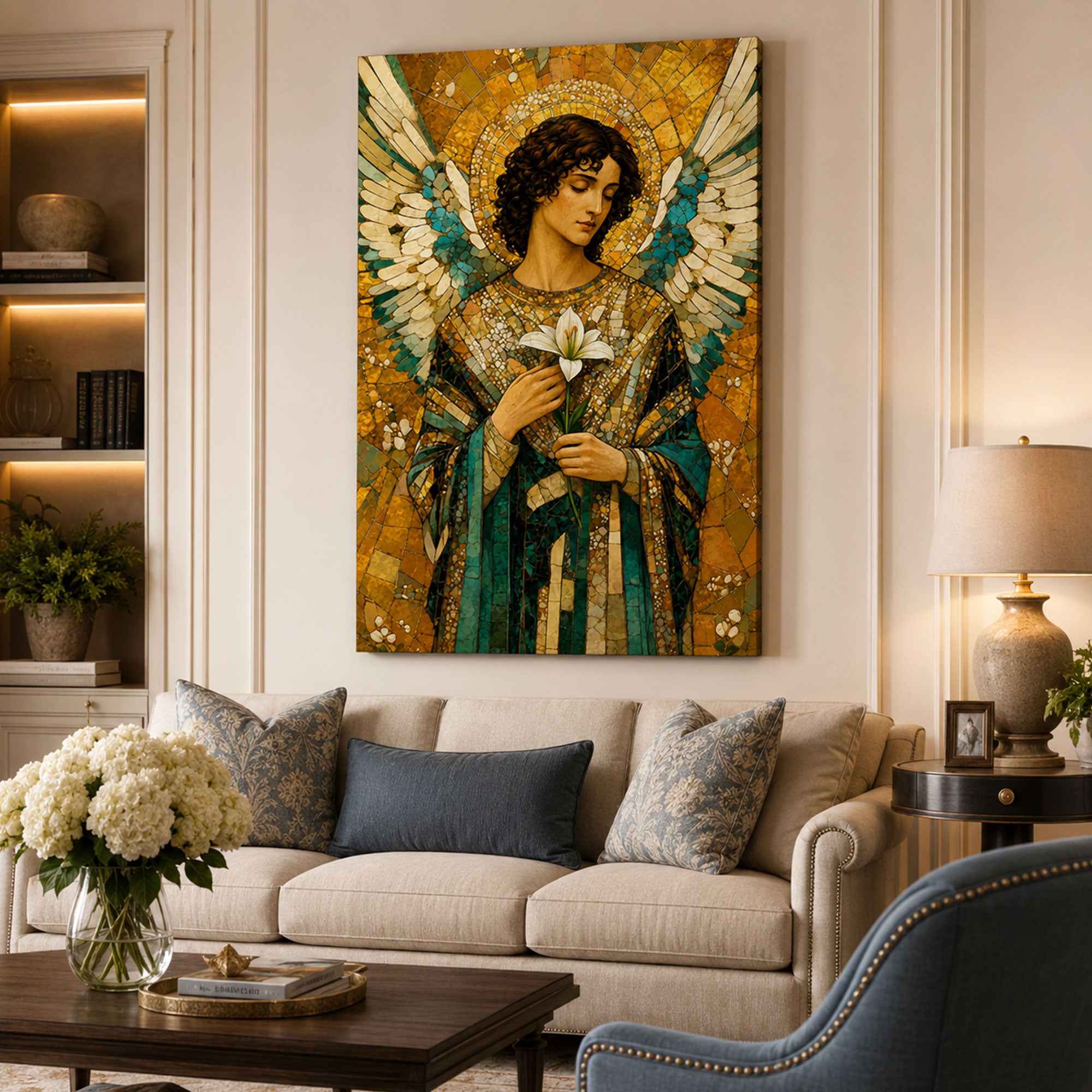 Archangel Gabriel with Lily Canvas Print, Catholic Angel Wall Art, Faith Home Decor Gift