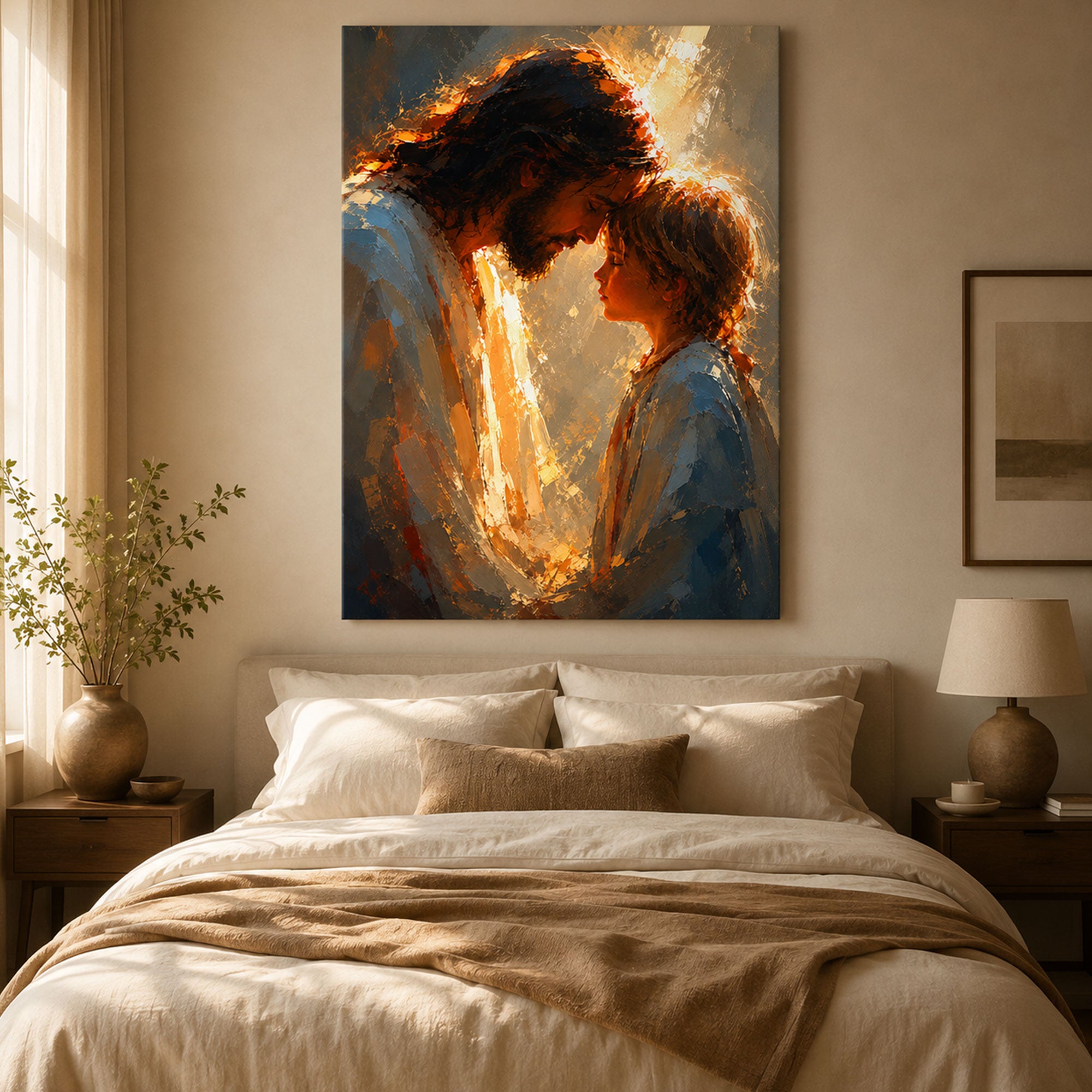 Jesus with Child Canvas Print, Christian Love Wall Art, Peaceful Faith Home Decor