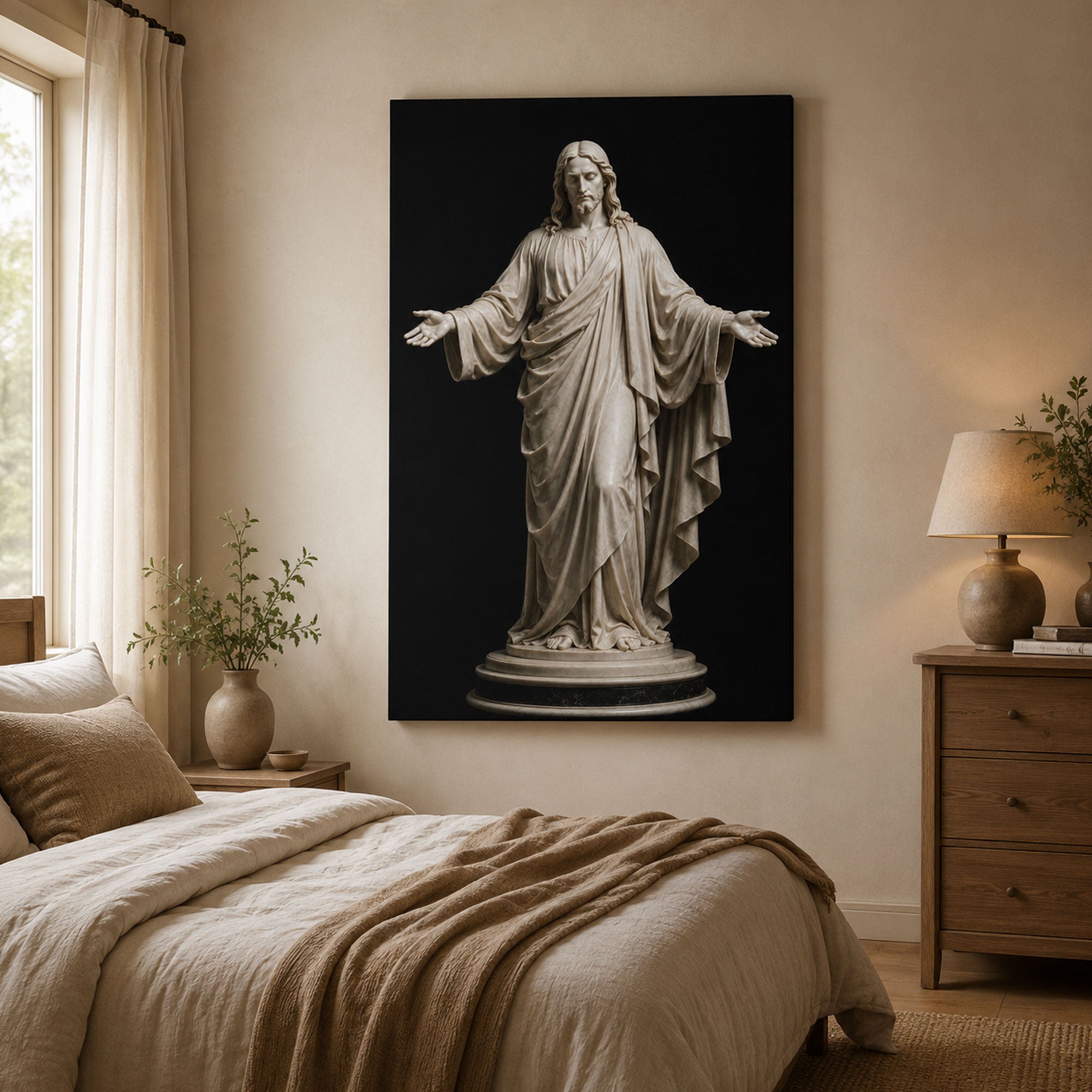 Jesus Open Arms Statue Canvas Print, Catholic Christian Wall Art, Faith Home Decor Gift