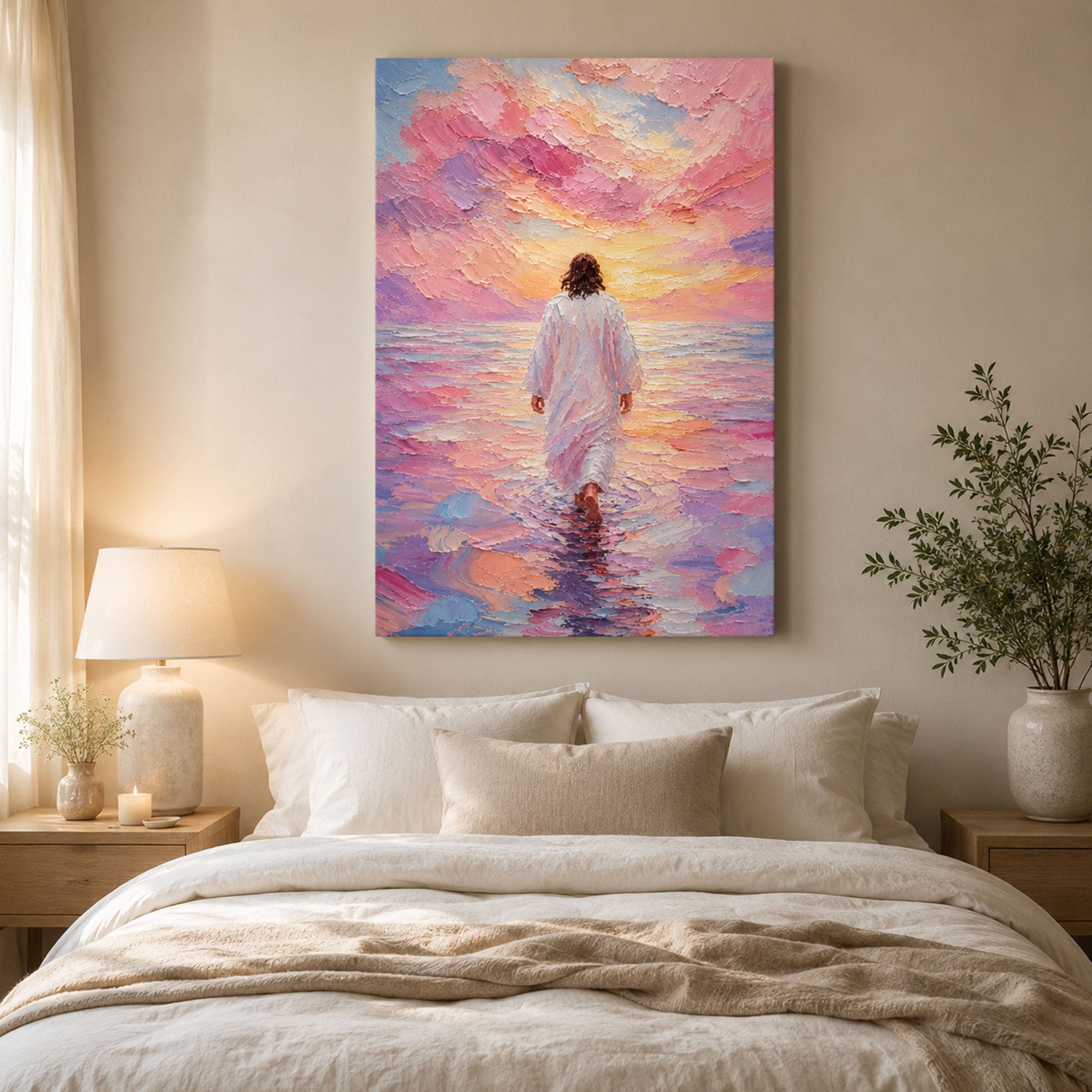Jesus Walking on Water Canvas Print, Pastel Ocean Christian Wall Art, Faith and Peace Home Decor