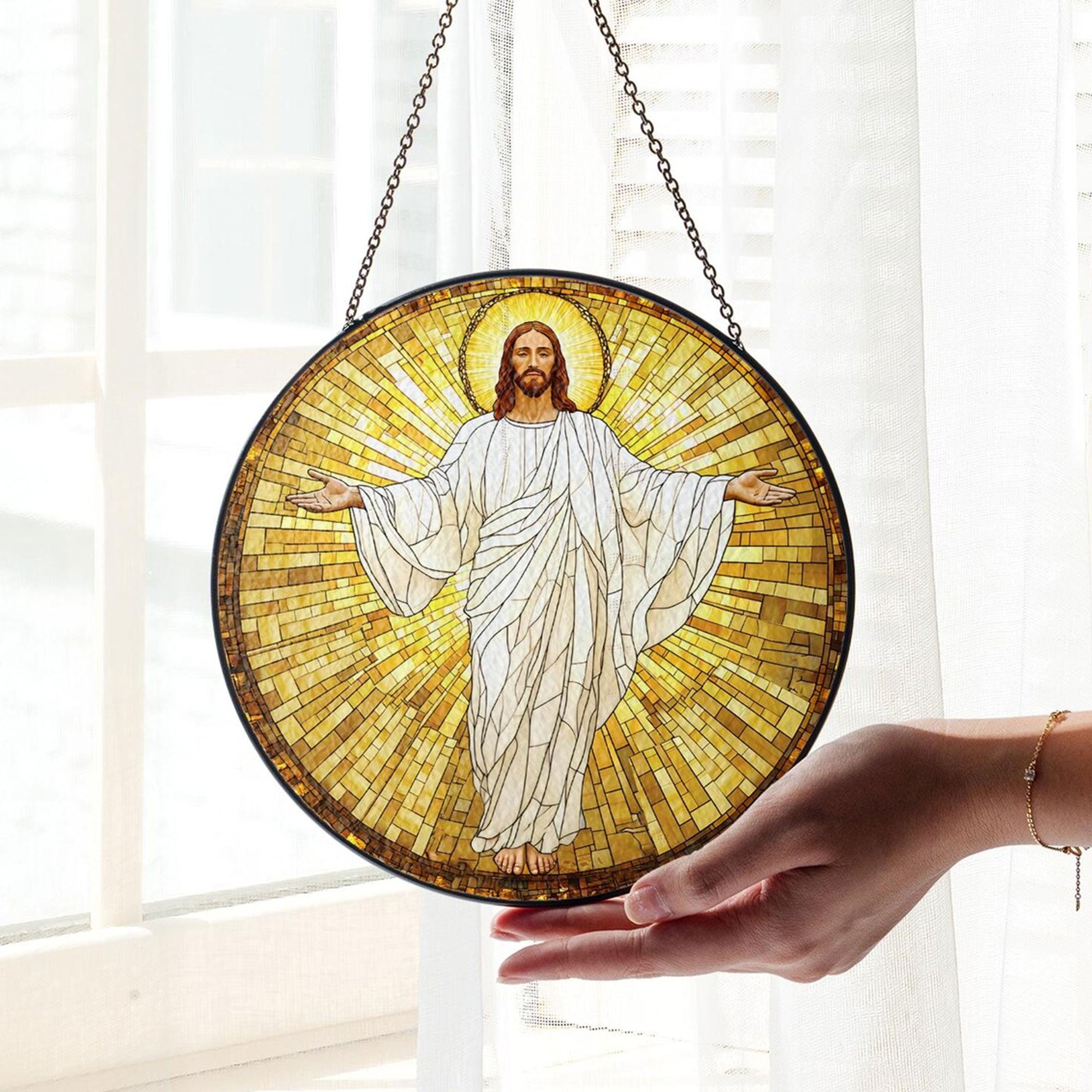 Jesus Christ Stained Glass Suncatcher, Christian Window Hanging Decor, Religious Faith Gift, Spiritual Home Ornament