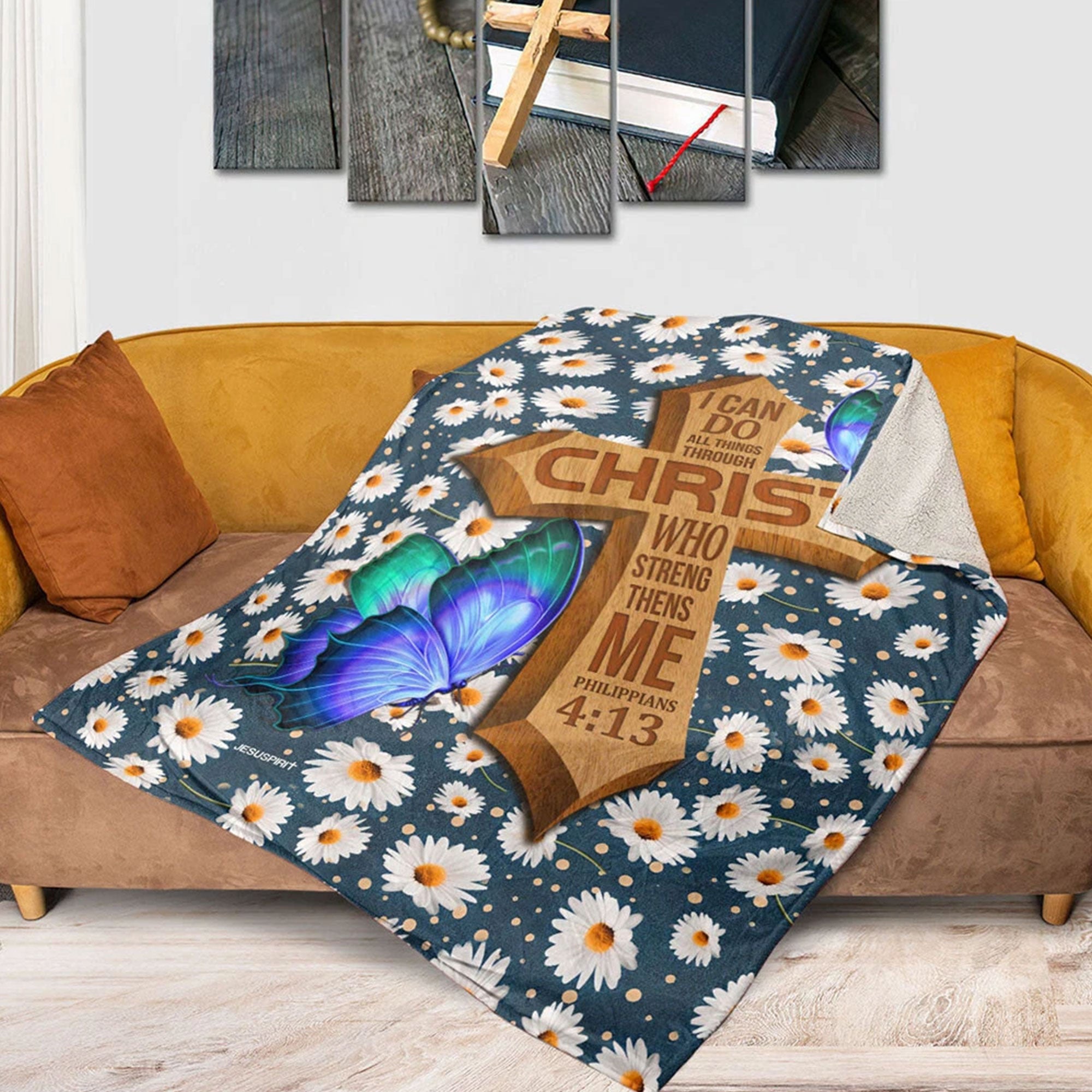 Daisy Fleece Blanket, I Can Do All Things Through Christ Philippians 4:13, Christian Faith Throw, Inspirational Gift, Religious Decor
