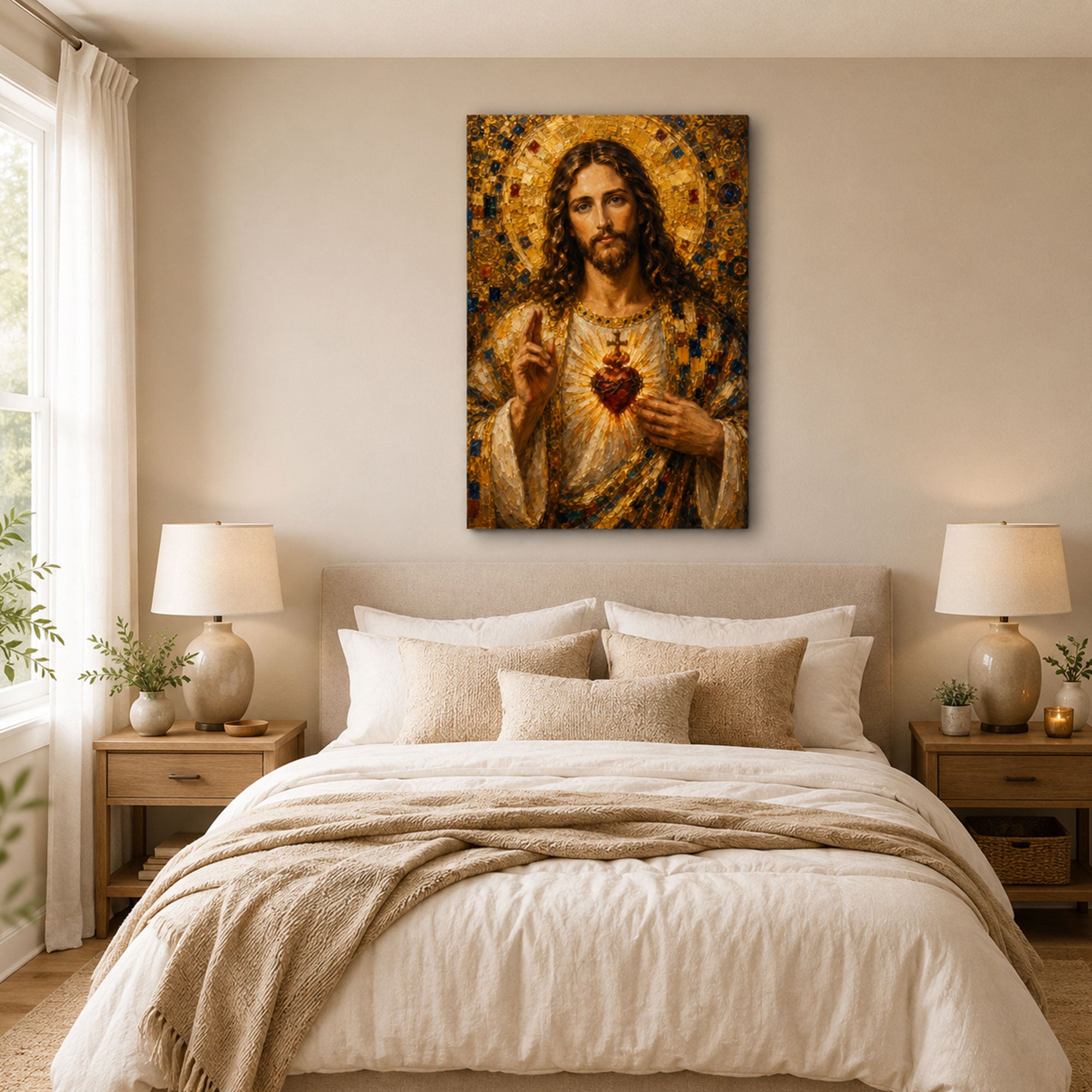 Sacred Heart of Jesus Canvas Print, Gold Mosaic Style Catholic Wall Art, Christian Faith Home Decor Gift