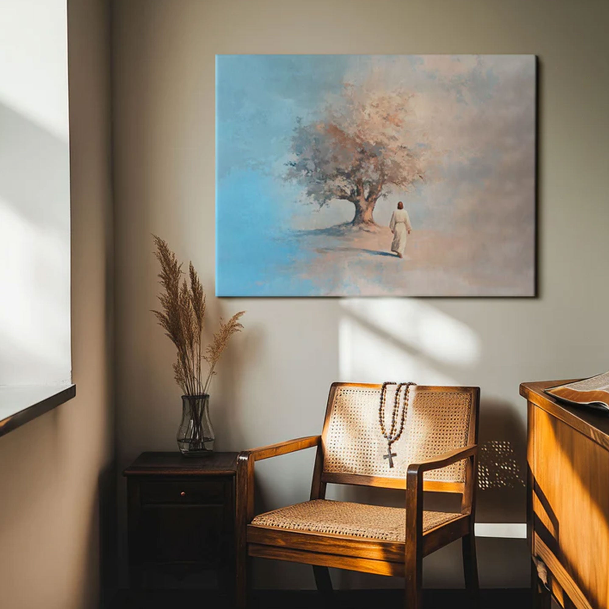Jesus and the Tree of Faith Canvas Print, Christian Spiritual Wall Art, Sacred Religious Painting, Inspirational Faith Decor