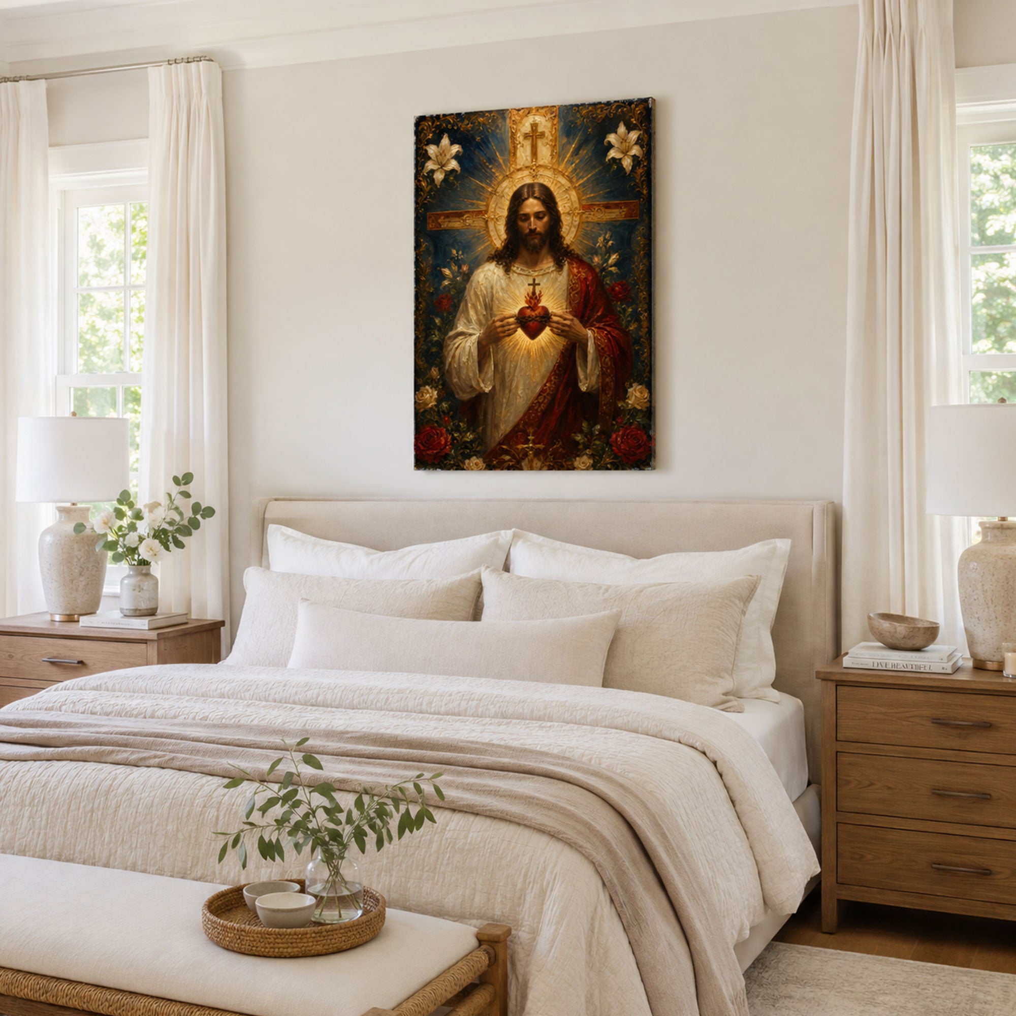 Sacred Heart of Jesus with Cross Canvas Print, Catholic Wall Decor, Christian Faith Gift
