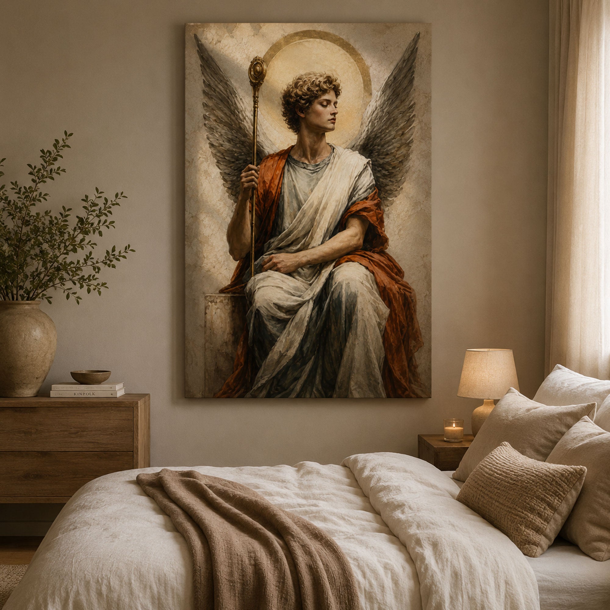 Seated Archangel Canvas Print, Guardian Angel Christian Wall Art, Catholic Faith Home Decor