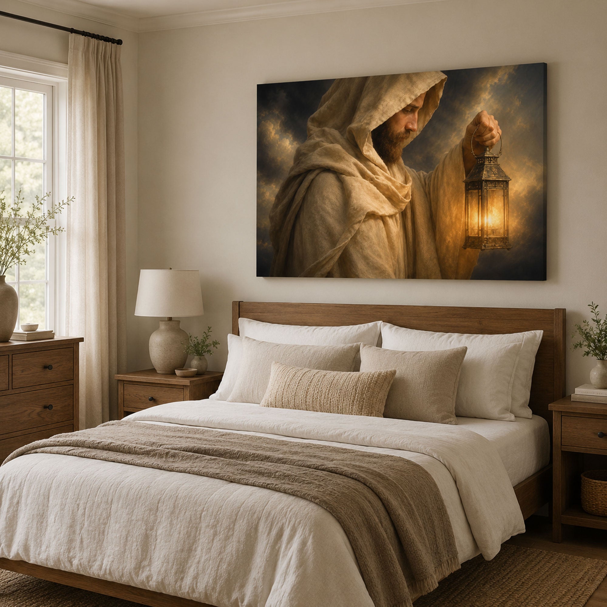 Jesus Holding Lantern Panoramic Canvas Print, Light of the World Christian Wall Art, Faith Home Decor Gift