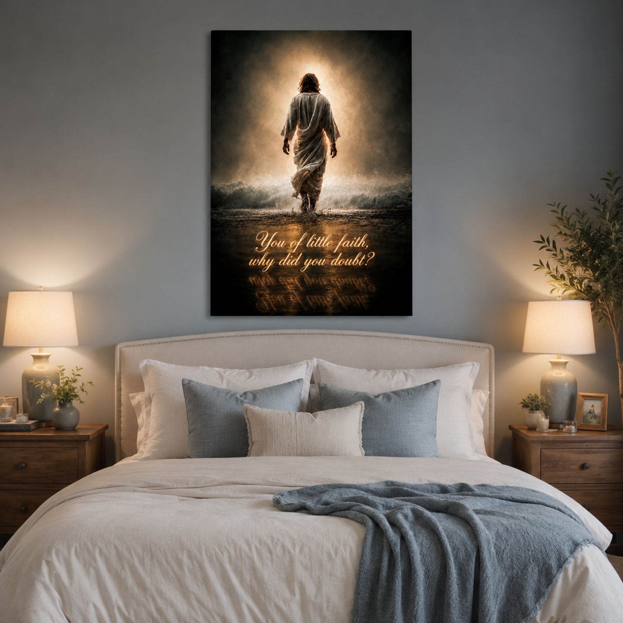 You of Little Faith Canvas Print, Jesus Walking on Water Christian Wall Art, Inspirational Bible Verse Faith Decor