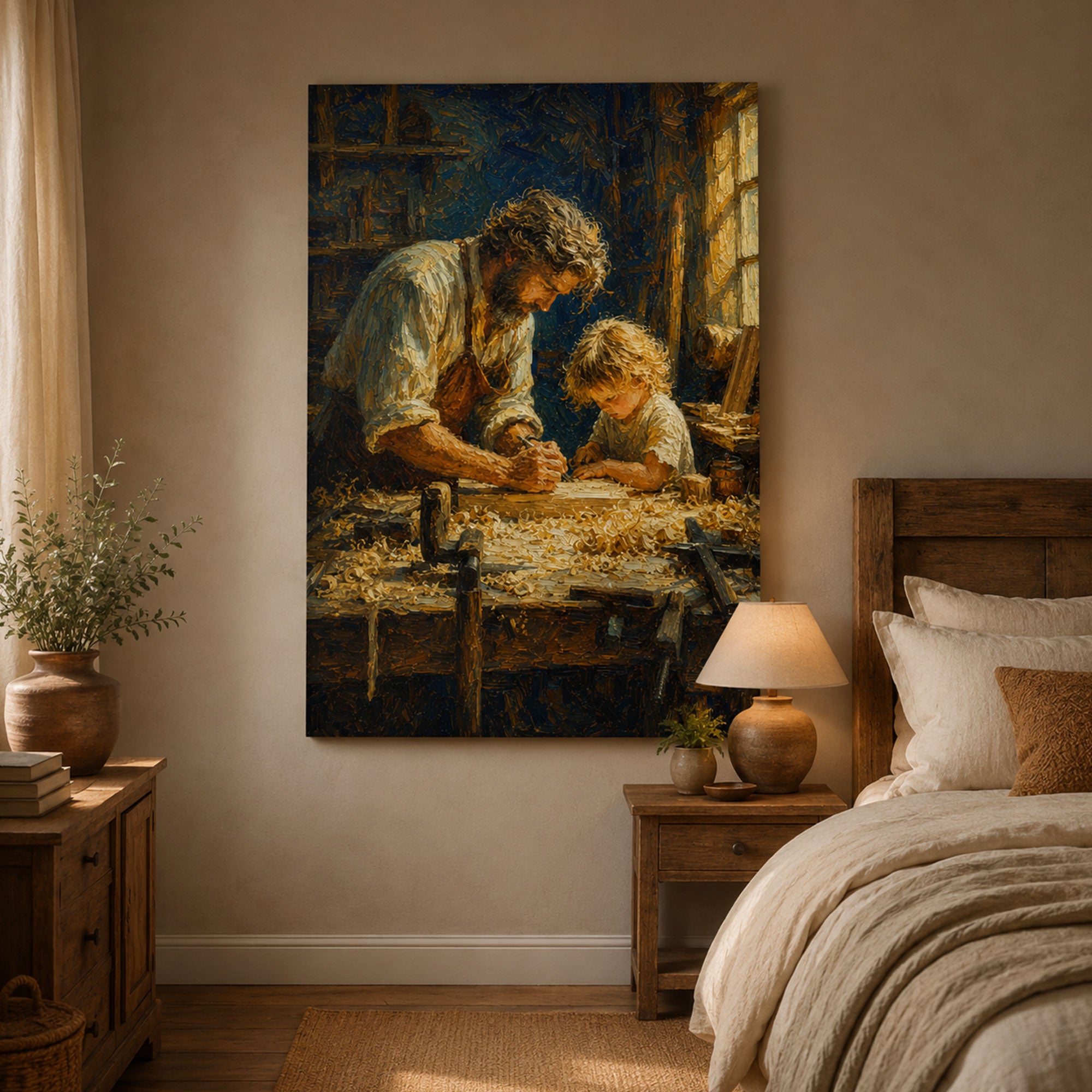 Saint Joseph Teaching Child Jesus Canvas Print, Catholic Wall Art, Rustic Faith Home Decor