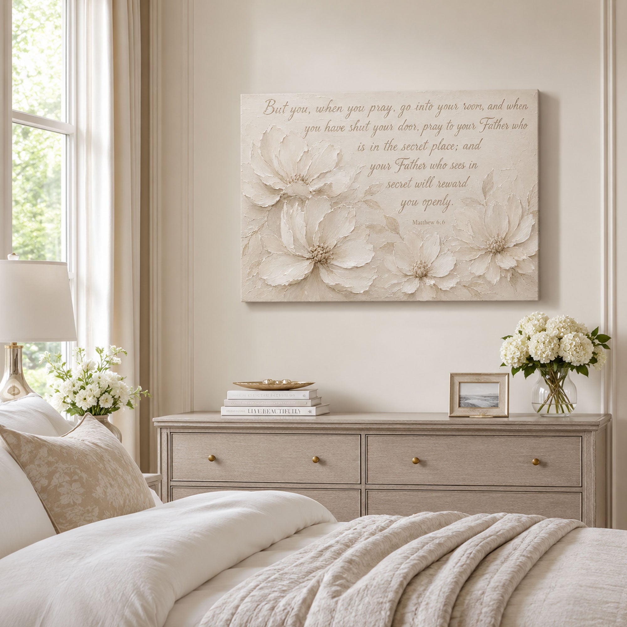 Matthew 6:6 Secret Place Prayer Canvas Print, Neutral Floral Christian Decor