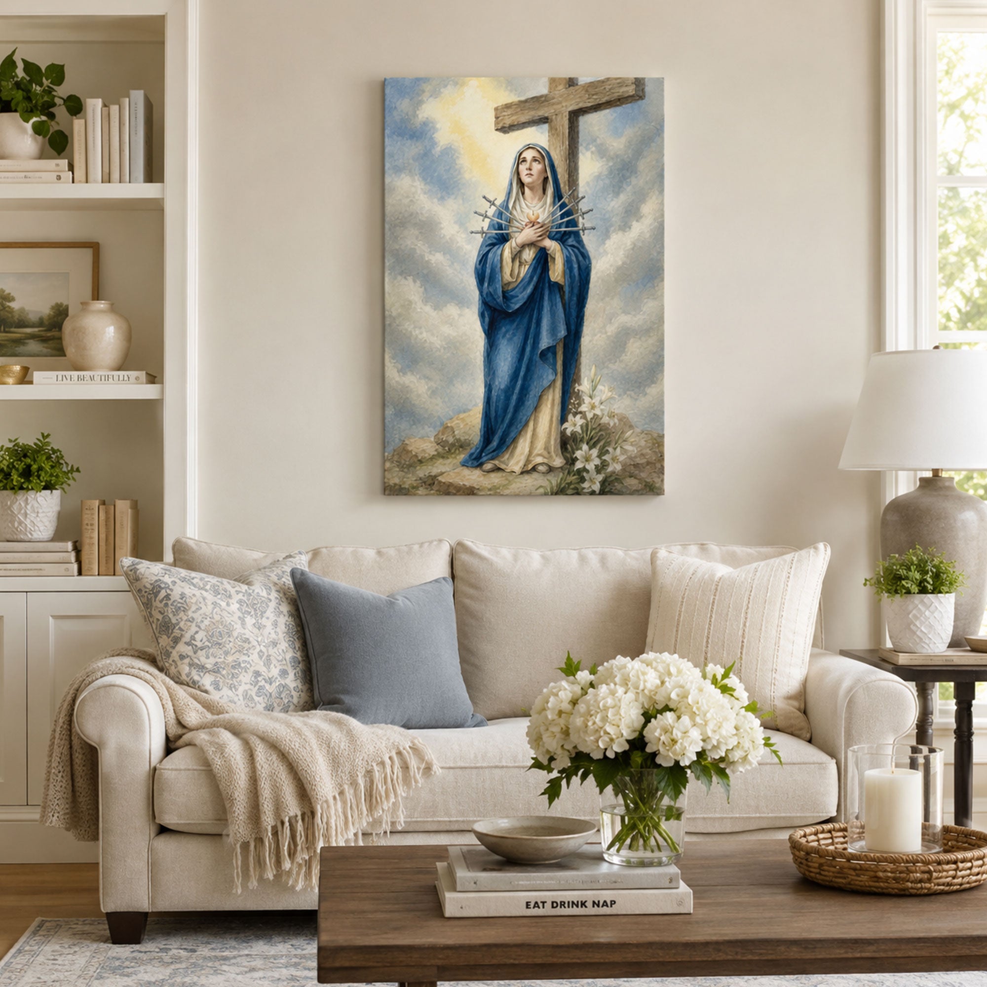 Our Lady of Sorrows Canvas Print, Seven Swords of Mary Catholic Wall Decor, Marian Faith Gift
