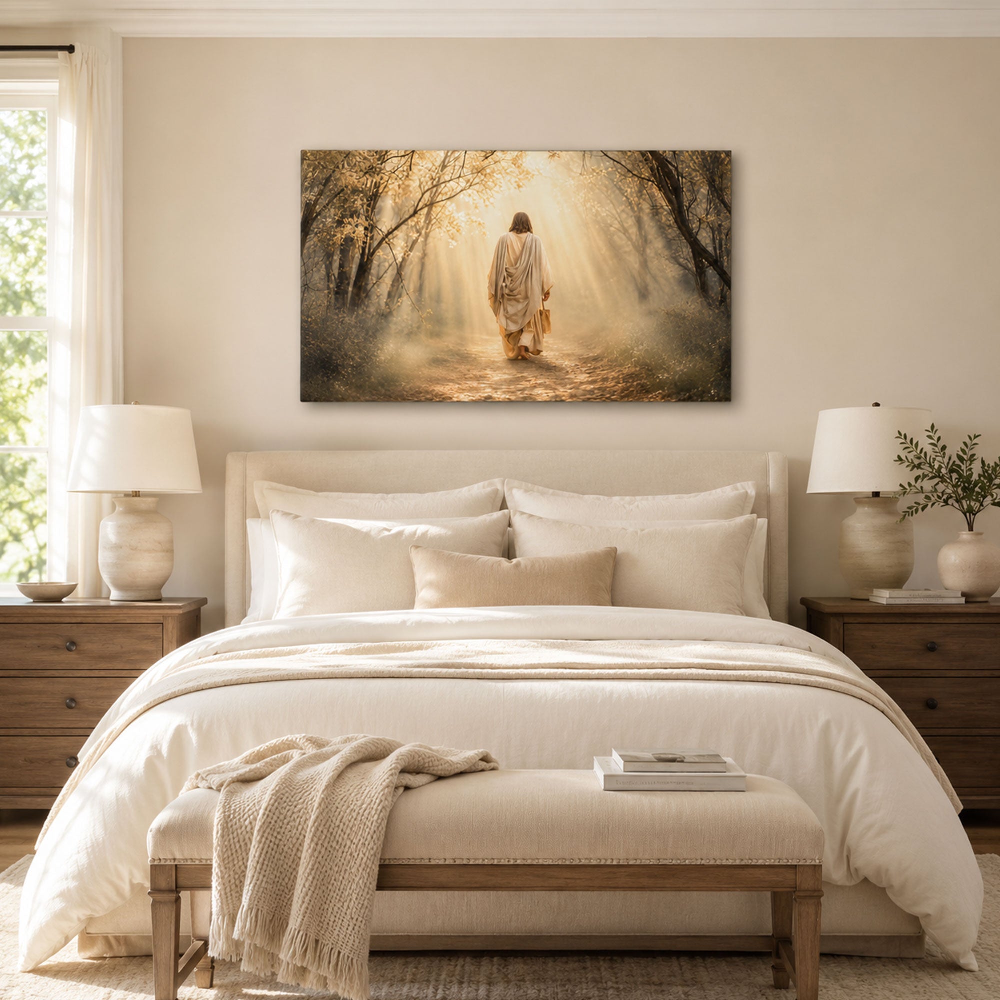 Christ on the Golden Woodland Path Canvas Print, Peaceful Christian Faith Decor