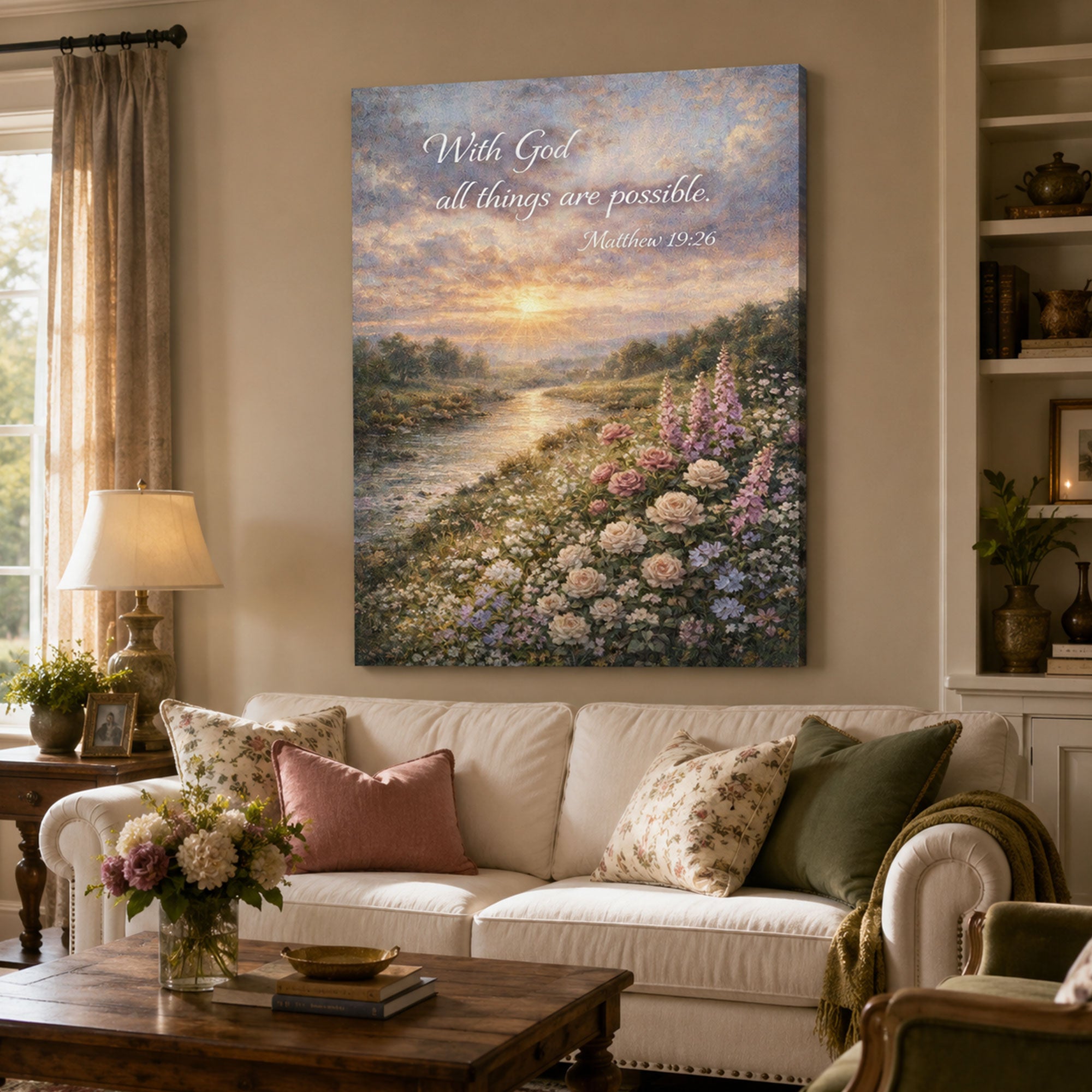 Sunset Meadow Canvas Print, Christian Religious Wall Art, Peaceful Landscape Home Decor, Inspirational Faith Gift