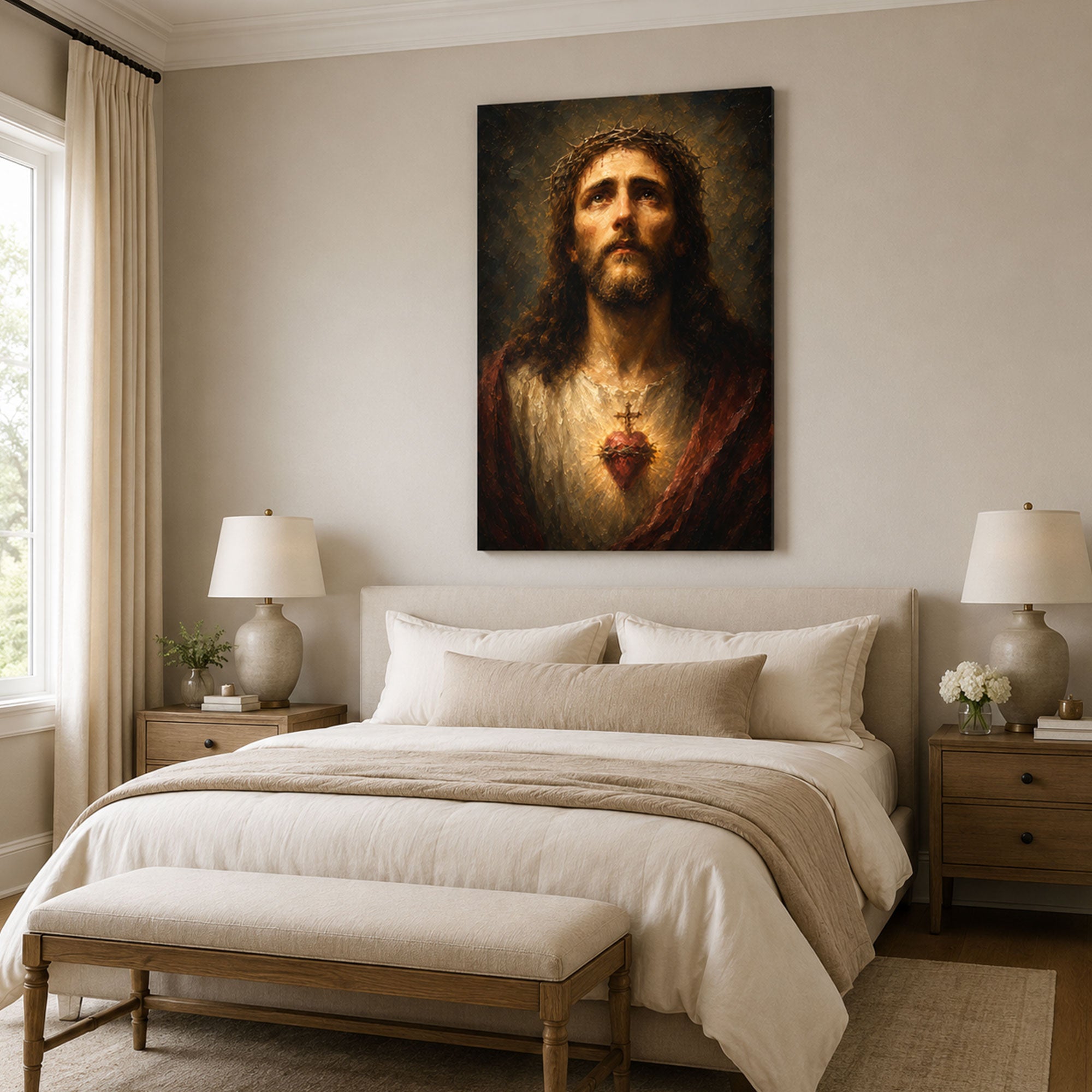 Sacred Heart of Jesus Canvas Print, Crown of Thorns Catholic Wall Decor, Christian Faith Gift