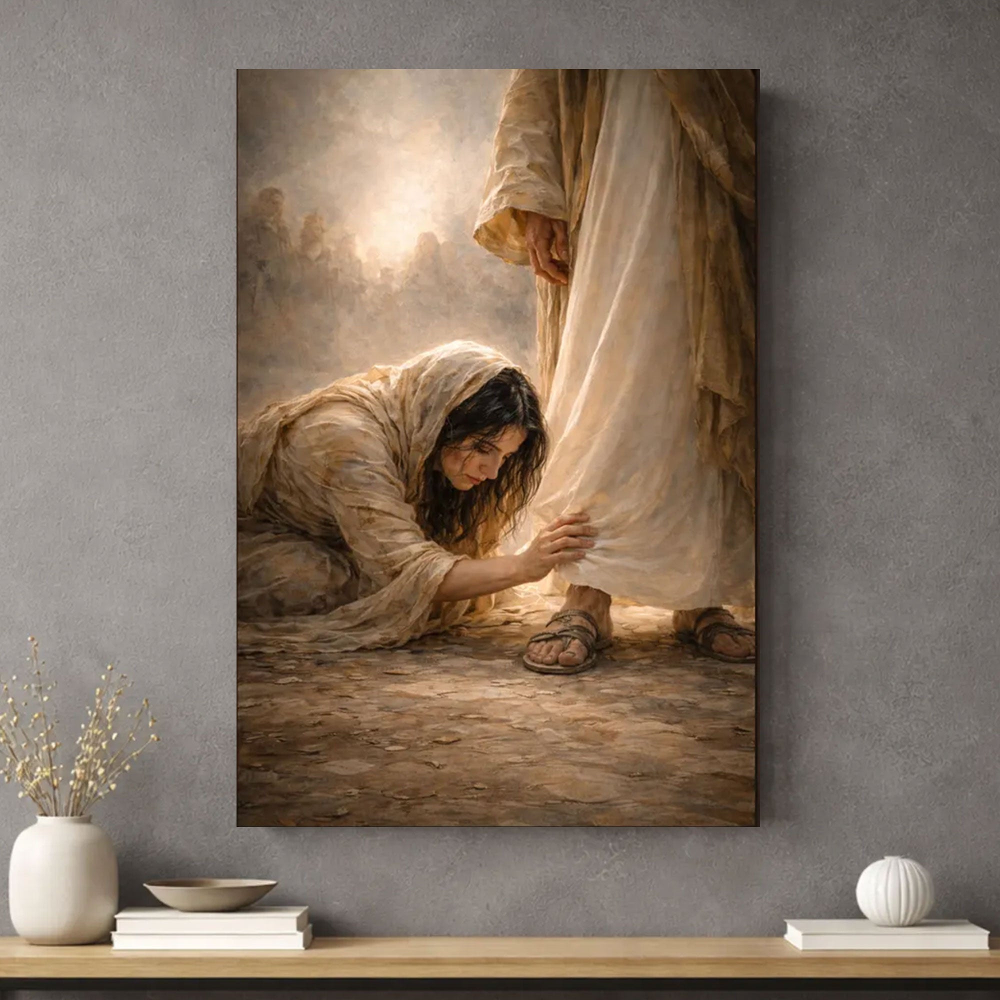 Woman Healed by Faith Christian Wall Art, Jesus Healing Woman Touching the Hem Canvas Print, Modern Catholic Art DecorMary Catholic Art Home Decor