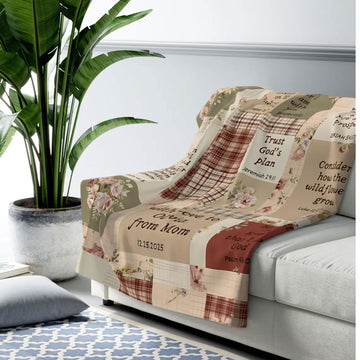 Christian Scripture Fleece Blanket, Floral Patchwork Throw, Personalized Bible Verse Gift, Faith Blanket for Daughter or Mom