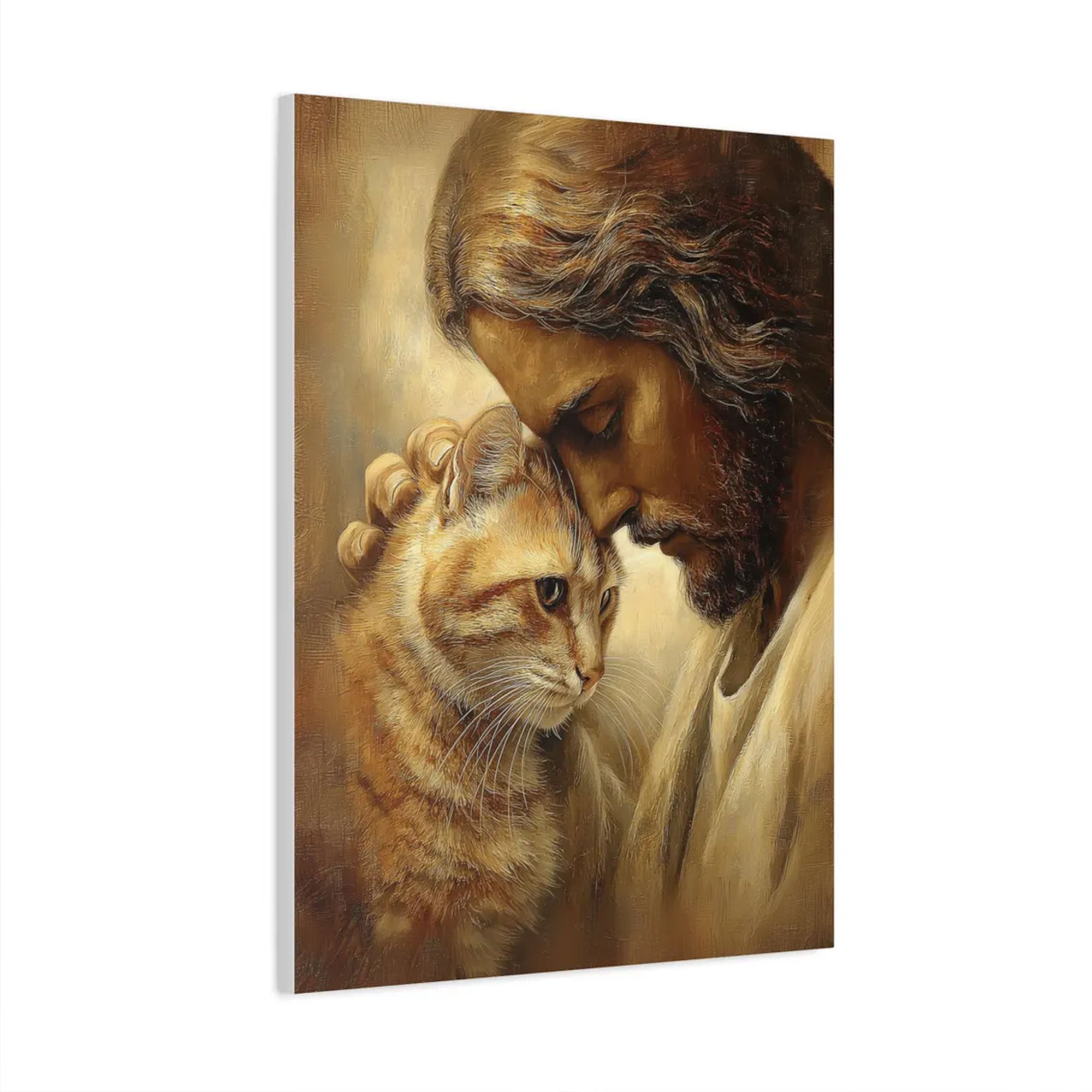 Jesus with Cat Canvas Wall Art, Christian Pet Lover Decor, Spiritual Faith Home Gift