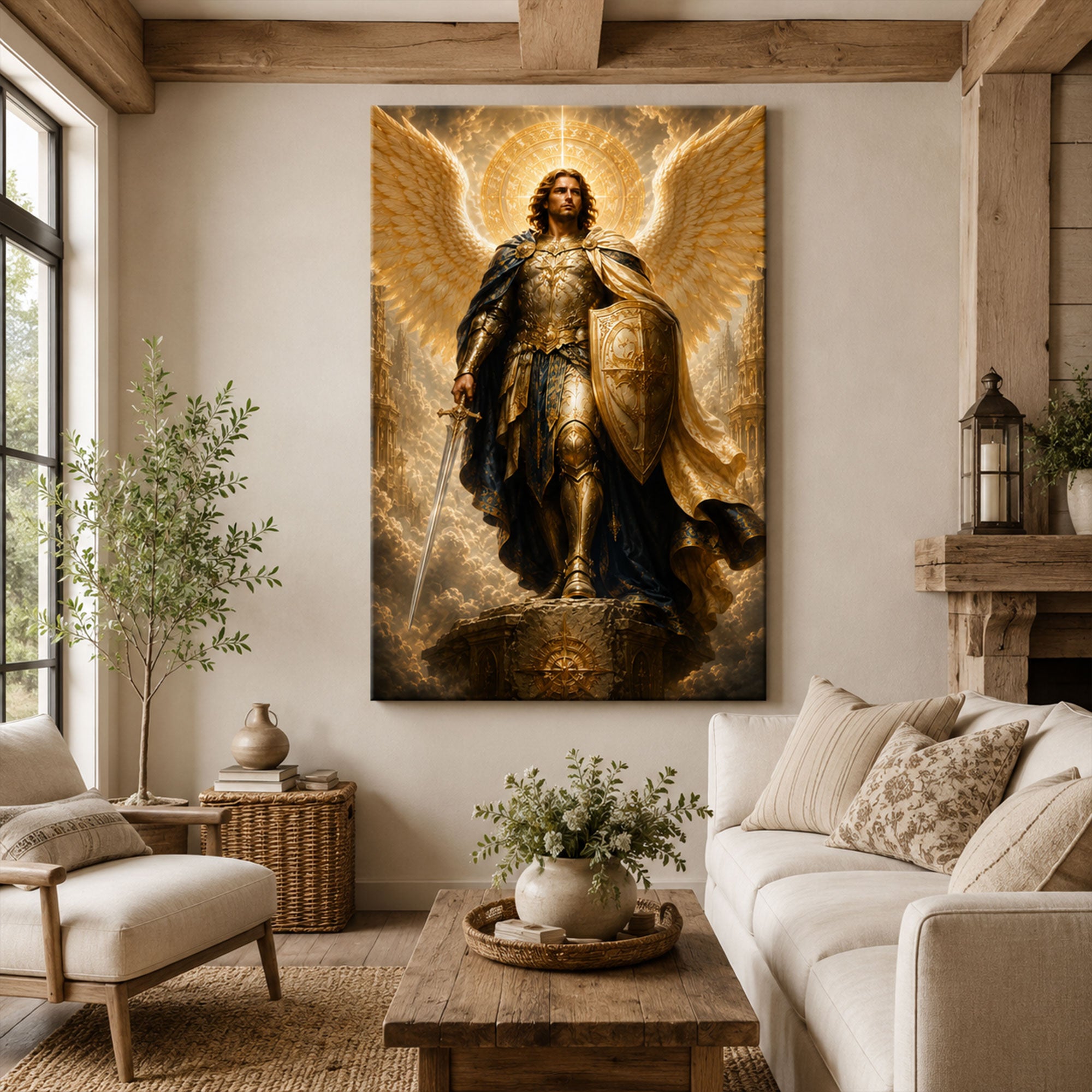 Saint Michael with Sword and Shield Canvas Print, Catholic Archangel Wall Art, Faith Home Decor Gift