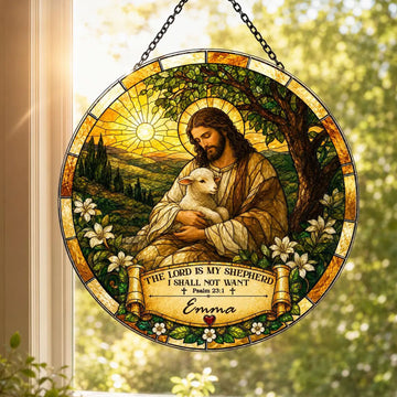 Personalized Jesus Good Shepherd Suncatcher, Psalm 23:1 Family Name Window Hanging, Christian Gift
