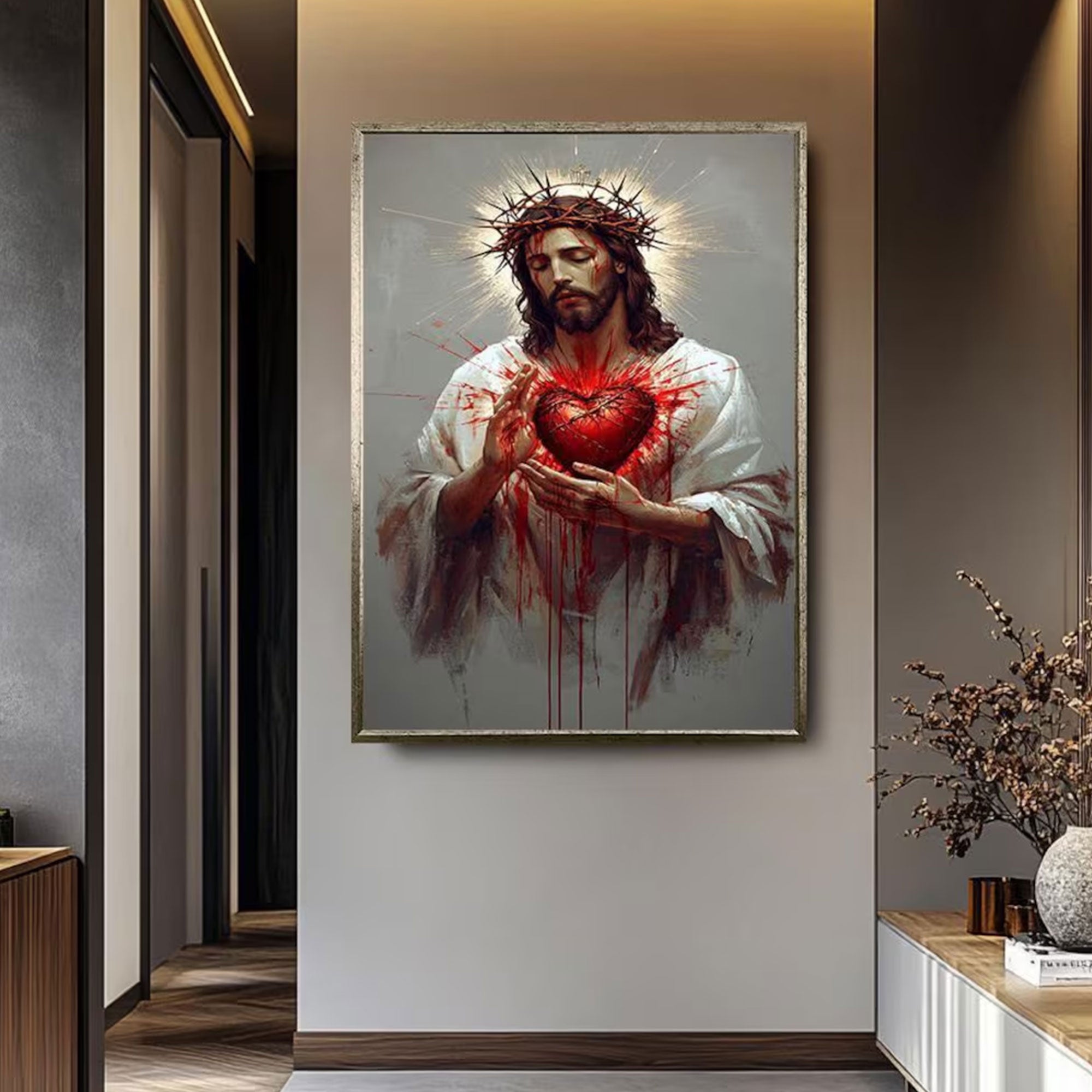Sacred Heart Jesus Canvas Artwork, Christian Wall Decor, Emotional Religious Home Decoration
