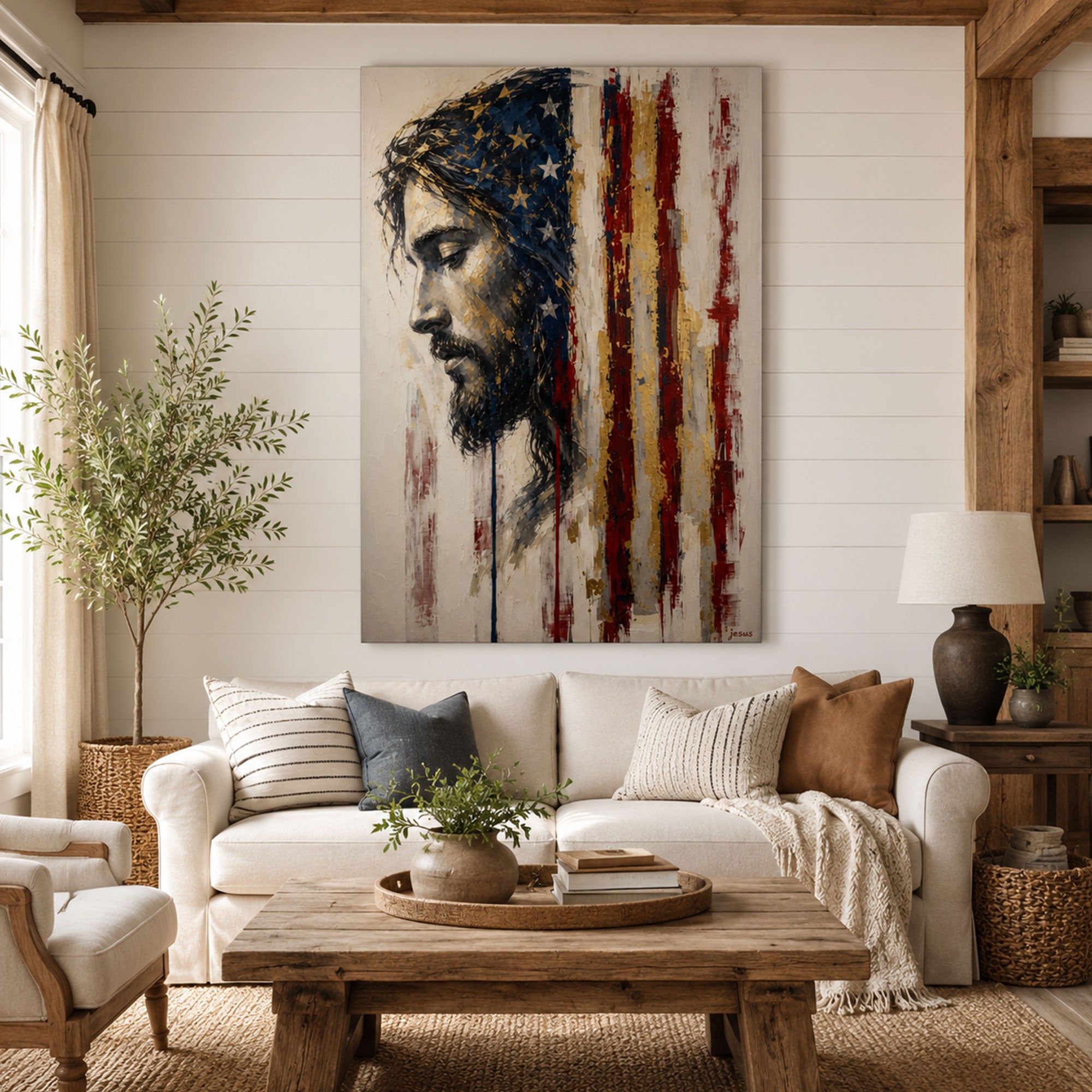 Patriotic Jesus American Flag Canvas Print, Christian USA Wall Art, Modern Faith Home Decor