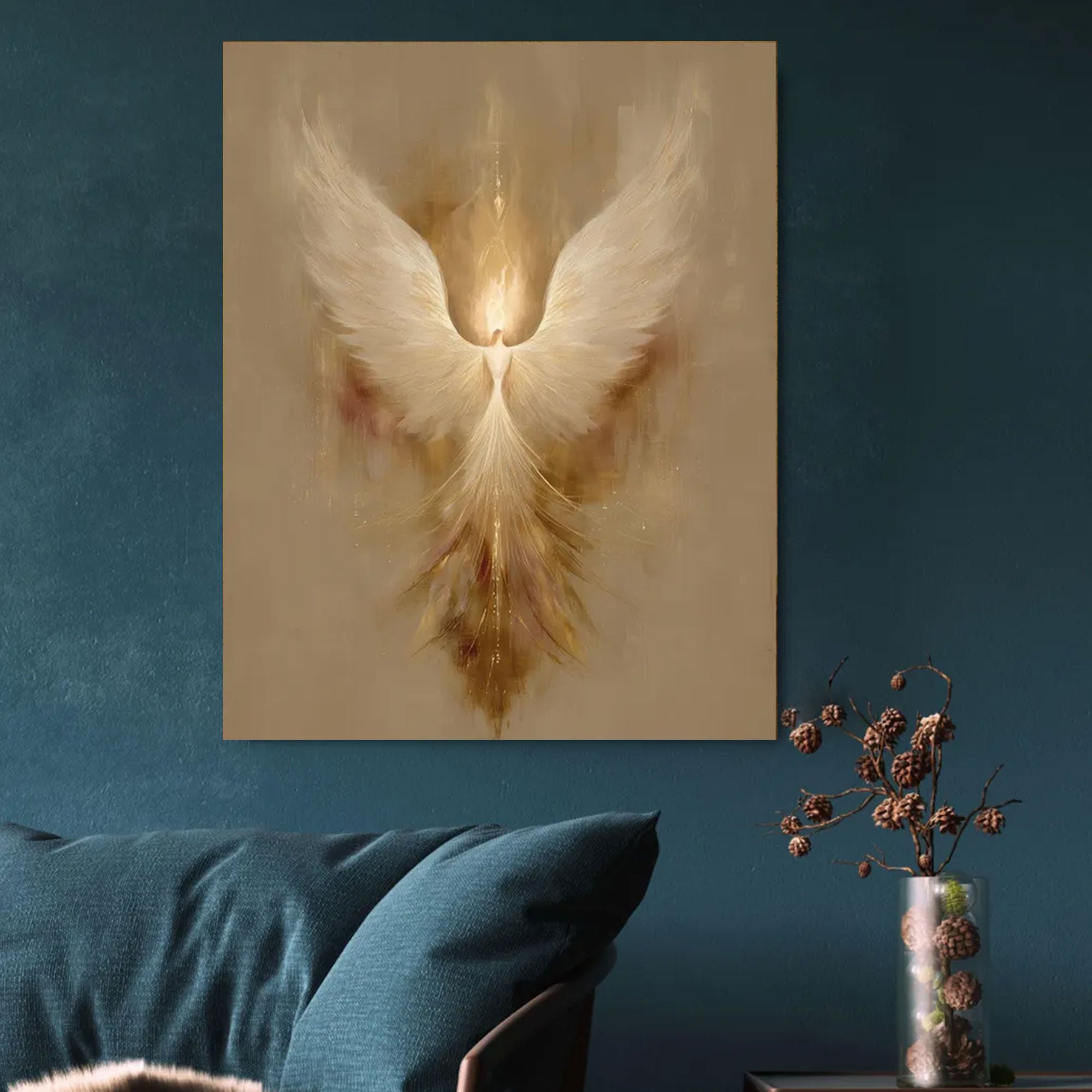 Radiant Ascension Canvas Print, Golden Angel Wings Wall Art, Abstract Christian Faith Decor, Heavenly Spiritual Artwork