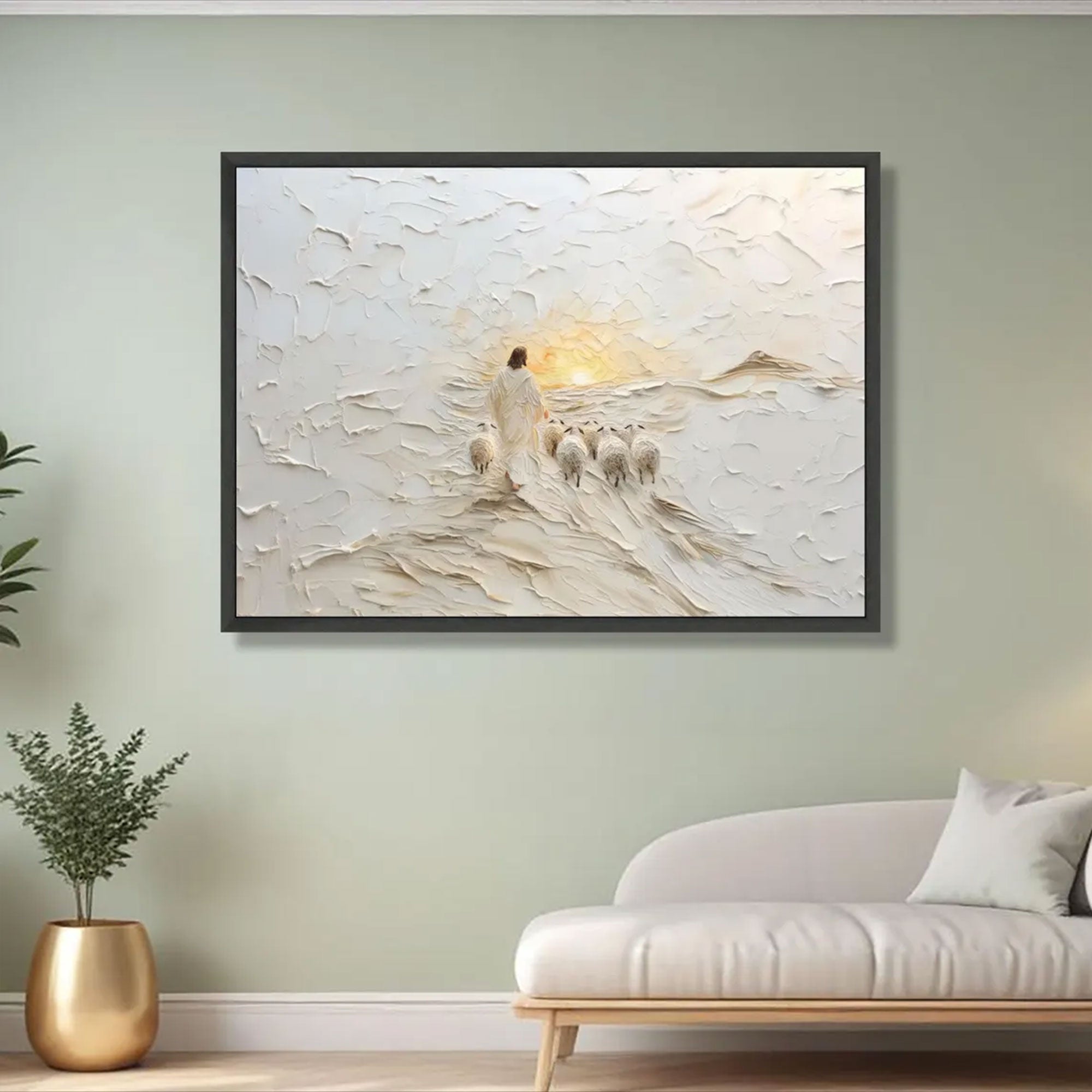 Jesus Shepherd with Sheep Canvas Print, Good Shepherd Wall Art, White Landscape Christian Decor, Modern Religious Home Decoration, Inspirational Faith Gift