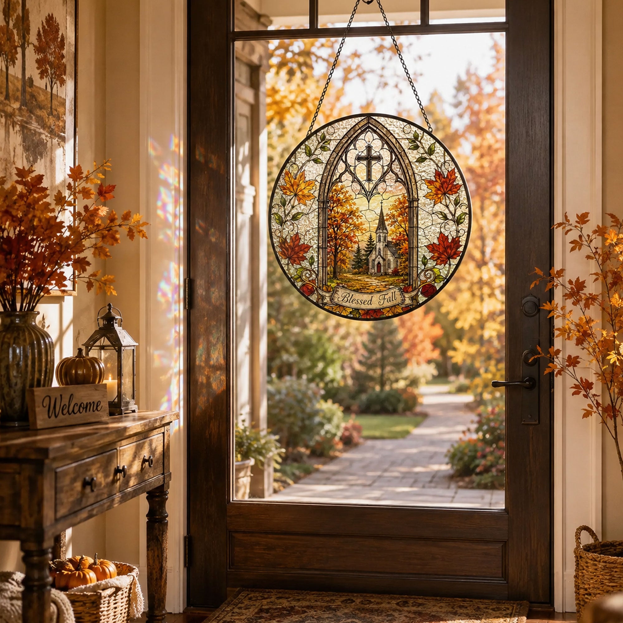 Blessed Fall Church Suncatcher, Autumn Leaves Christian Window Decor, Faith Gift for Home