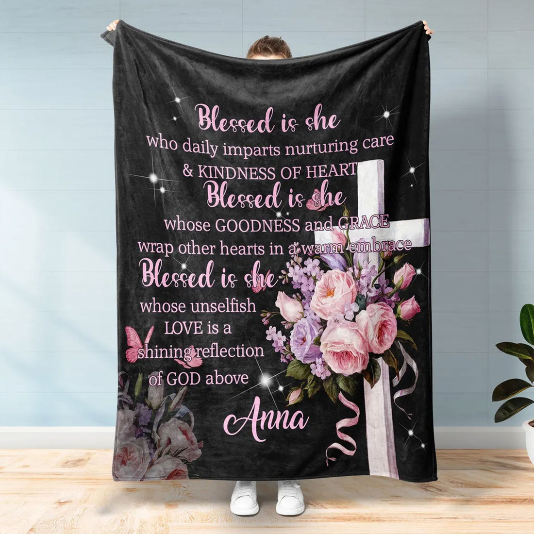 Blessed Is She Fleece Blanket, Personalized Christian Blanket, Faith Throw for Women, Inspirational Quote Blanket, Bible Verse Gift