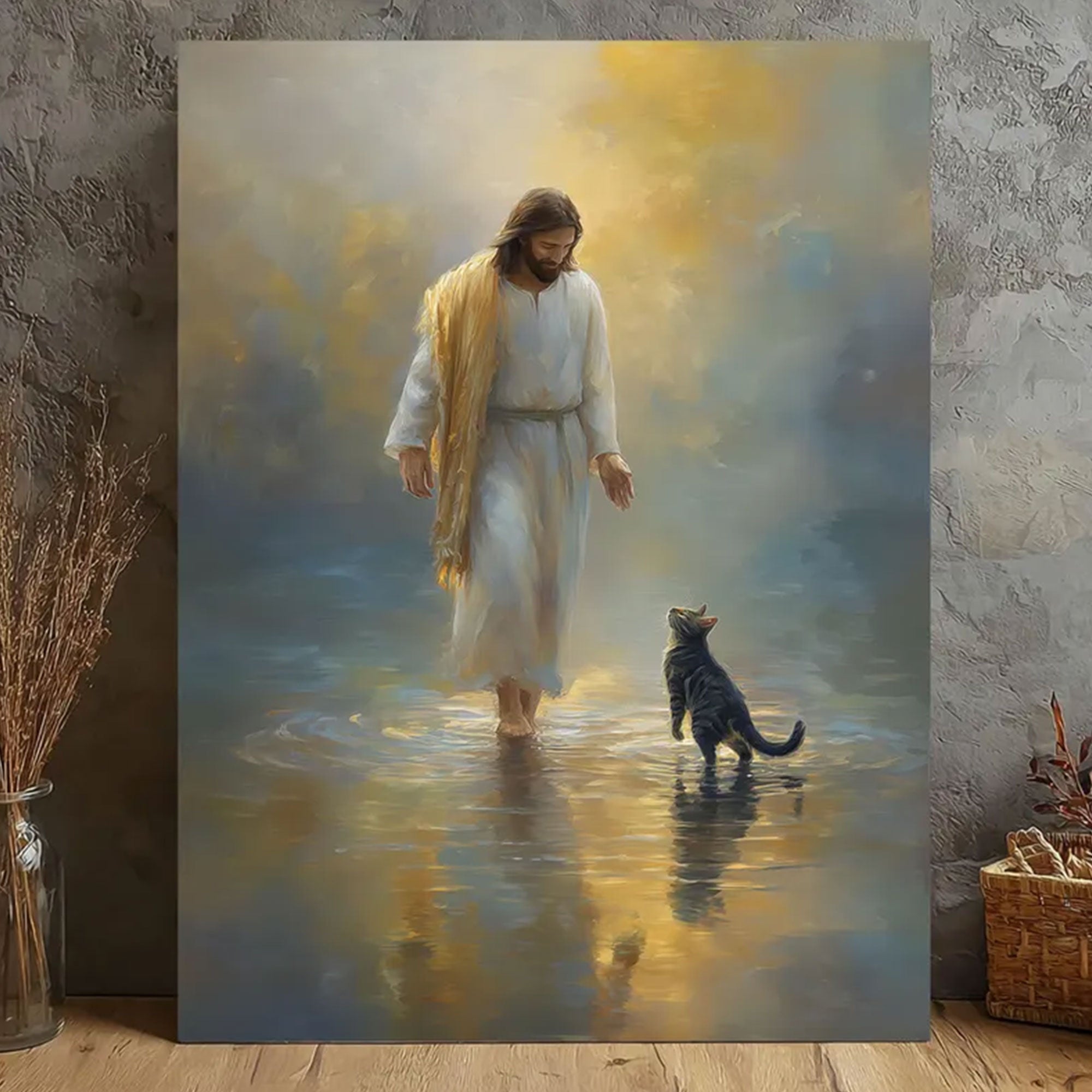 Jesus and Cat Canvas Print, Peaceful Christian Wall Art, Religious Home Decor, Gift for Cat Lovers