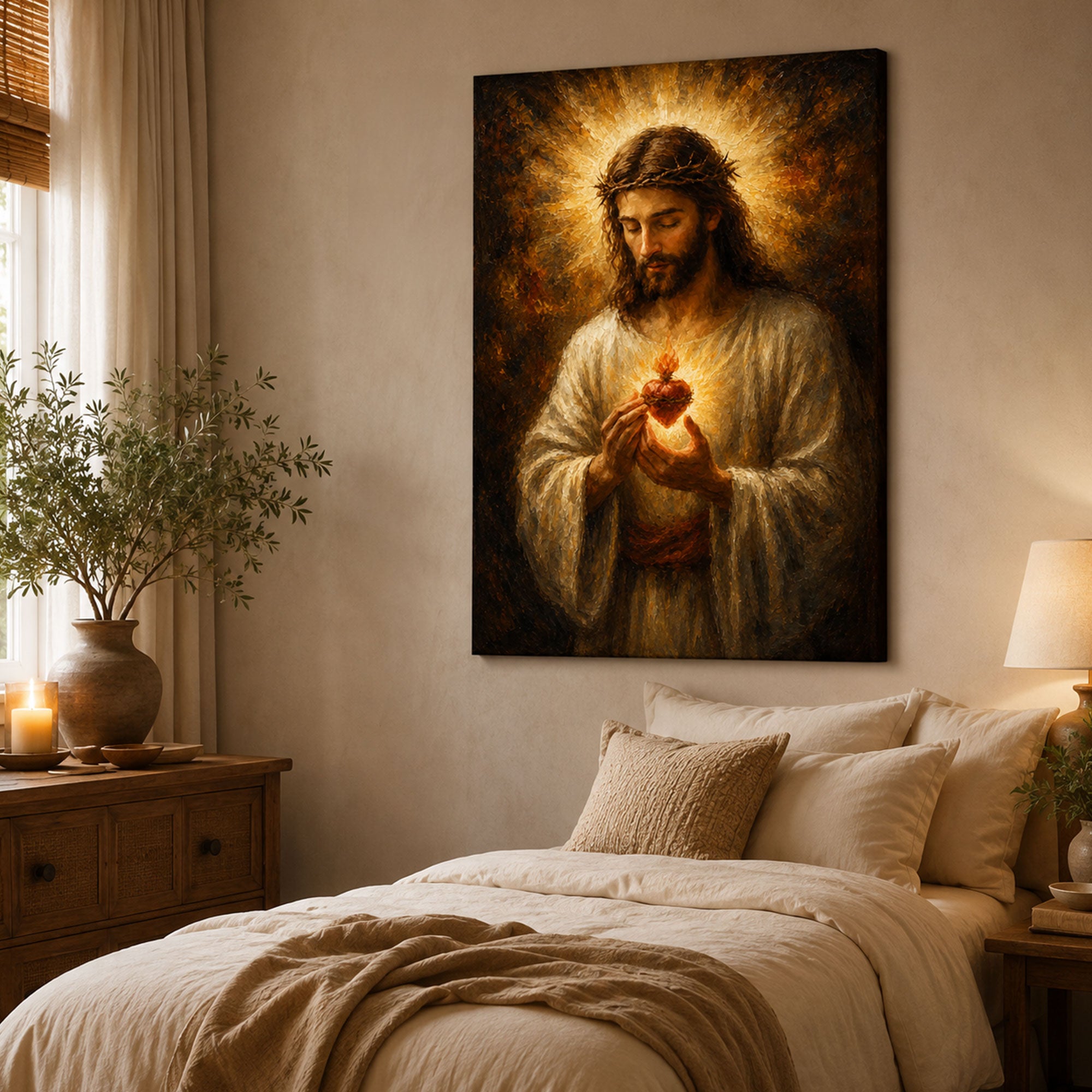 Sacred Heart of Jesus Canvas Print, Crown of Thorns Catholic Wall Art, Faith Home Decor
