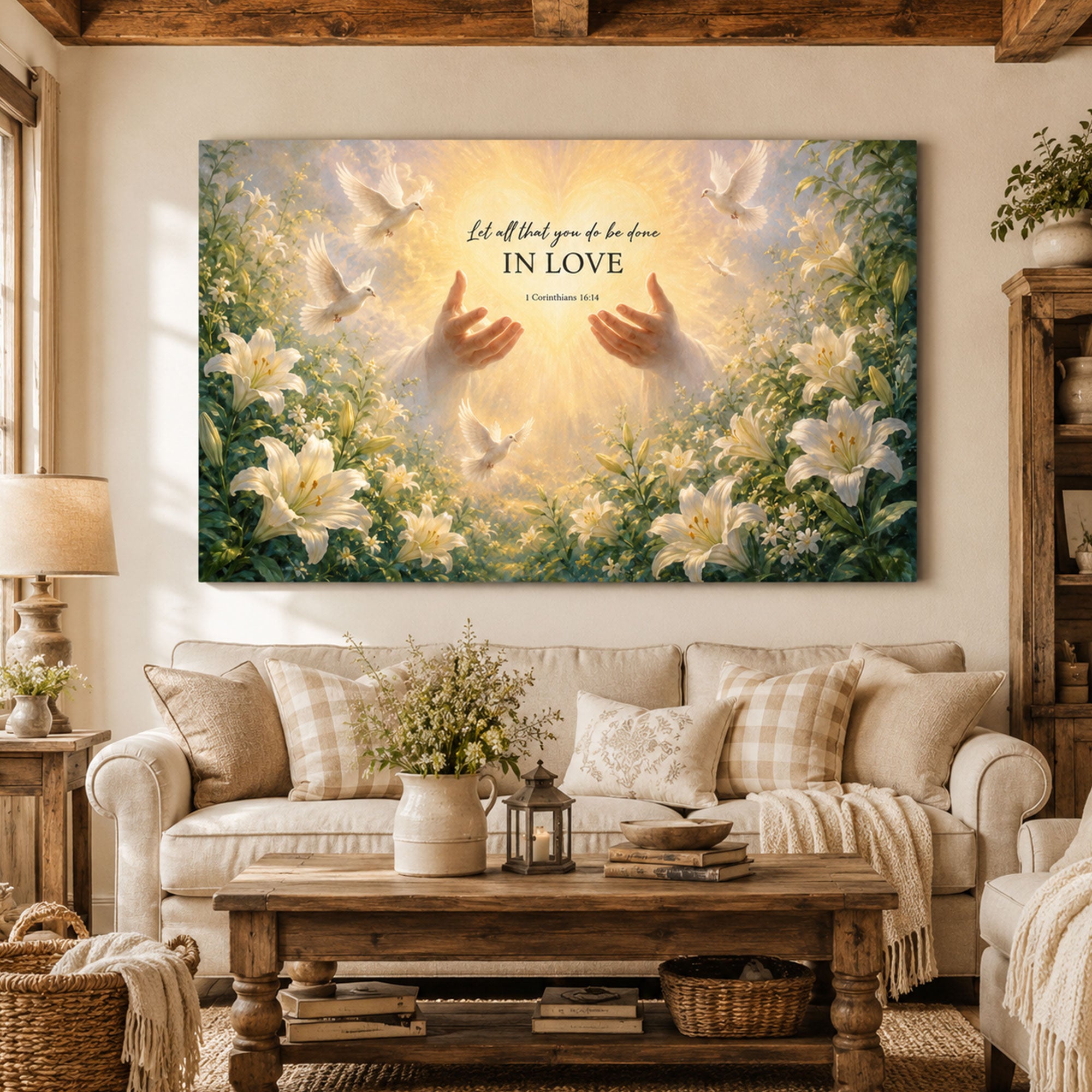 1 Corinthians 16:14 Canvas Print, Let All That You Do Be Done In Love Christian Wall Art, Dove and Lily Faith Decor
