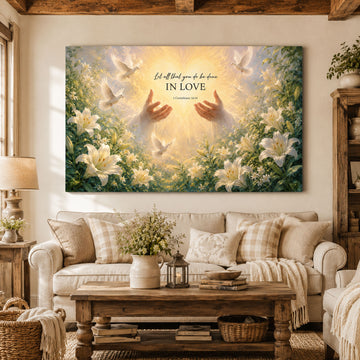 1 Corinthians 16:14 Canvas Print, Let All That You Do Be Done In Love Christian Wall Art, Dove and Lily Faith Decor