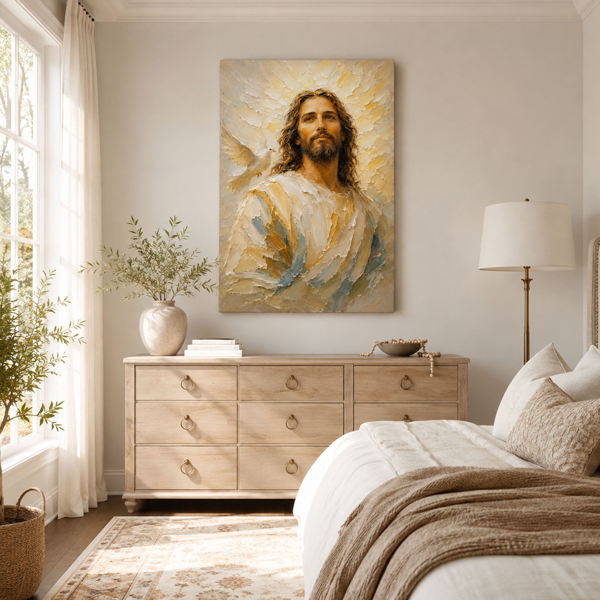 Jesus with Holy Spirit Dove Canvas Print, Light of Christ Christian Wall Decor, Faith Gift