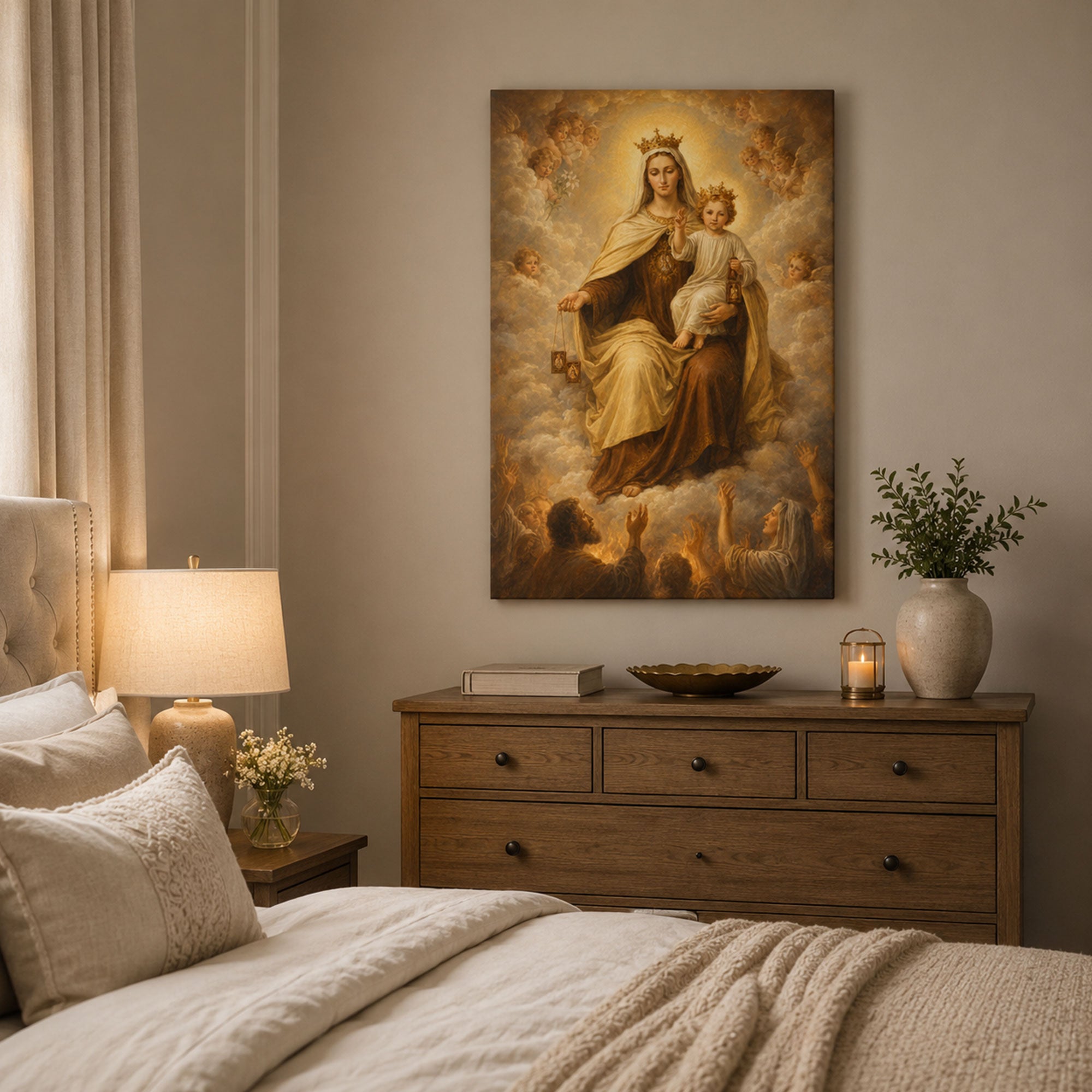 Our Lady of Mount Carmel Canvas Print, Virgin Mary with Child Jesus Catholic Wall Art, Faith Home Decor Gift