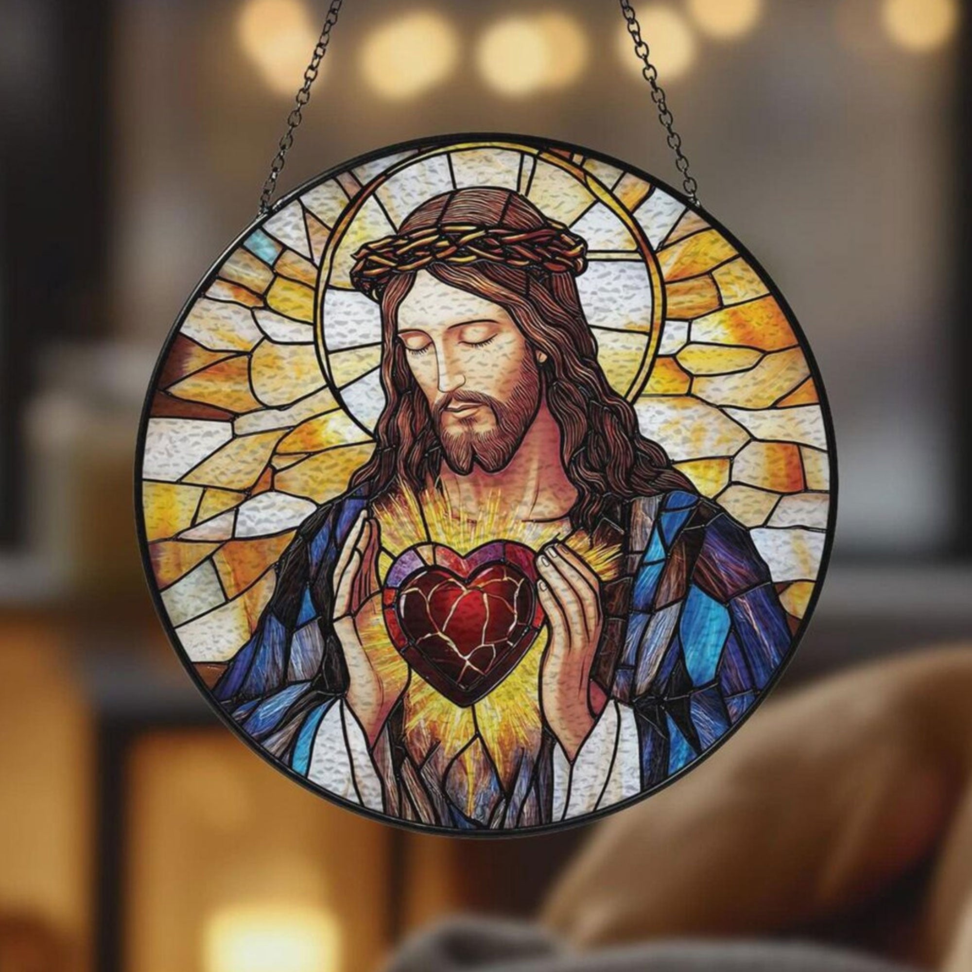 Sacred Heart of Jesus Stained Glass Suncatcher, Catholic Window Hanging Decor, Christian Religious Faith Gift for Mom Grandma