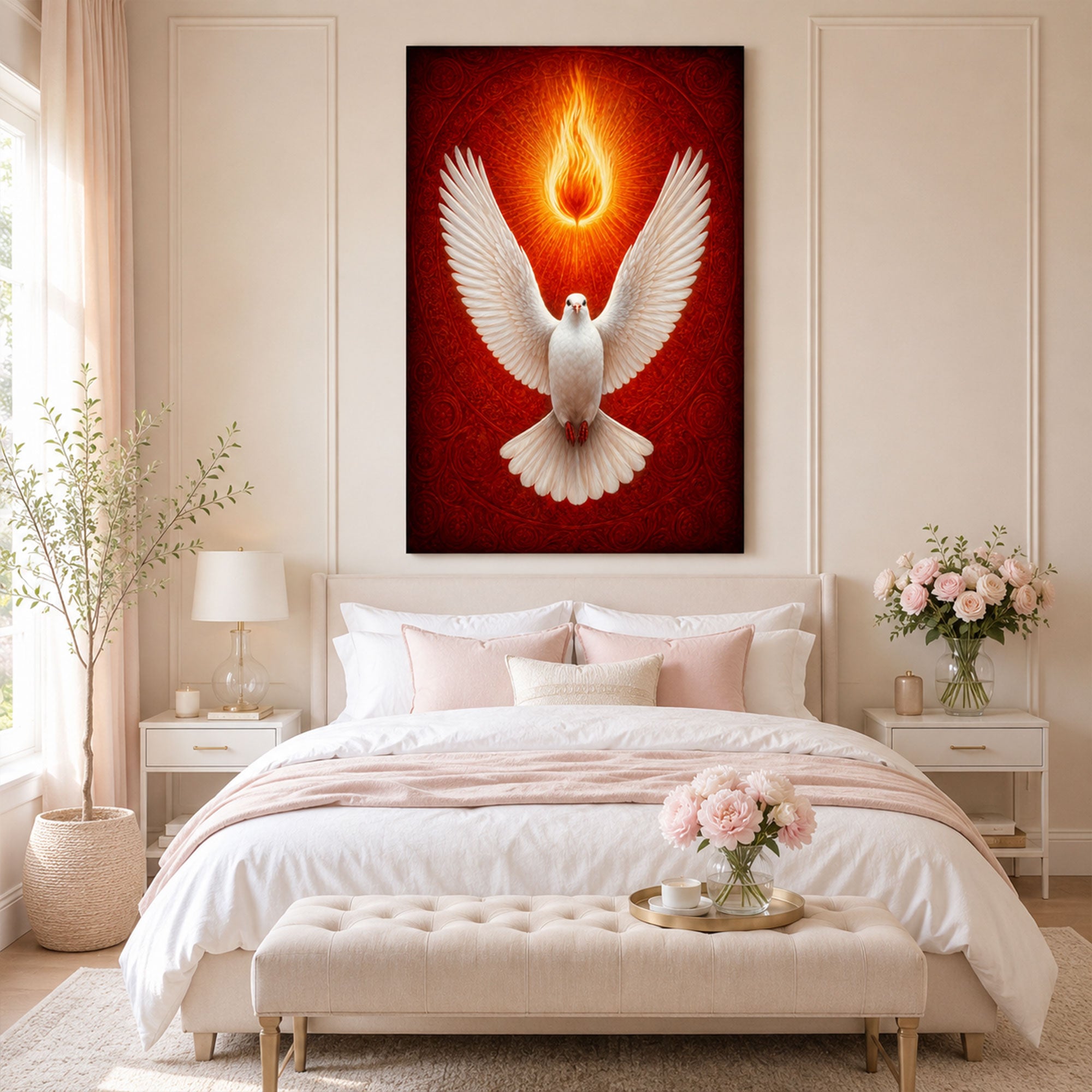 Holy Spirit Fire Dove Canvas Print, Pentecost Christian Wall Art, Divine Flame Faith Decor