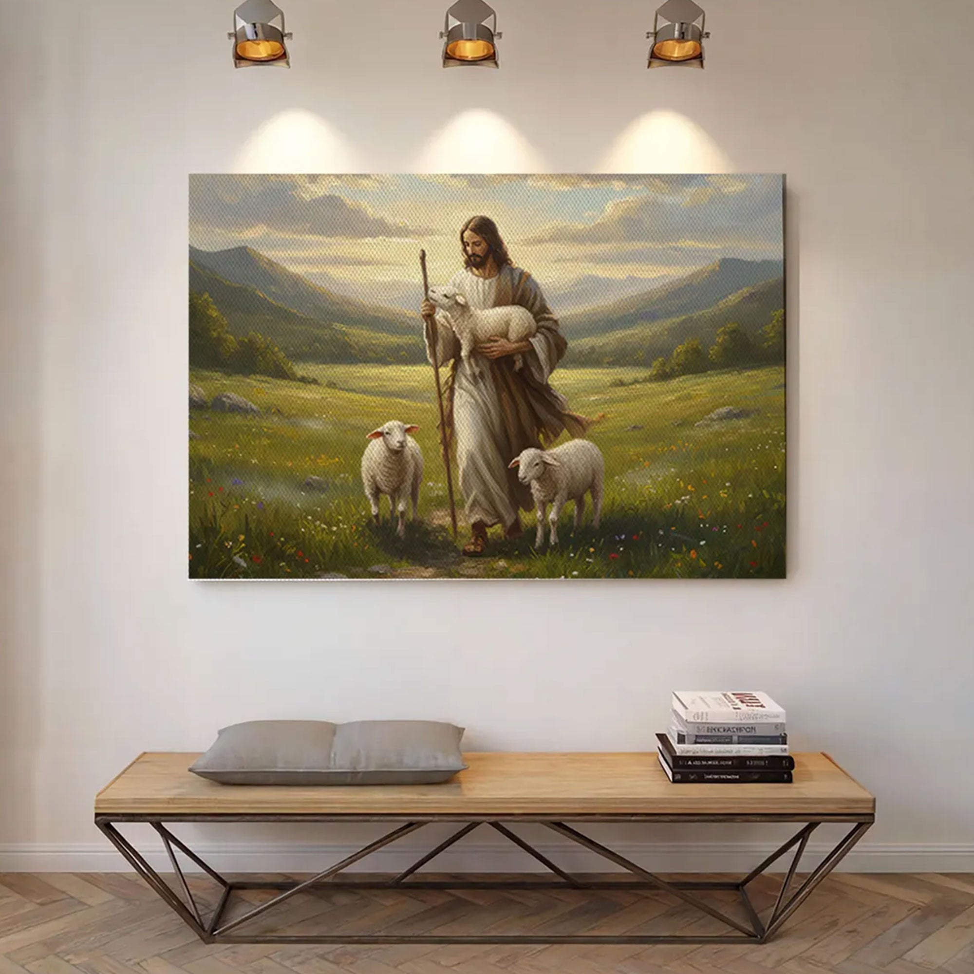 Jesus the Good Shepherd Canvas Print, Christian Faith Wall Art, Lamb of God Pastoral Scene, Spiritual Home Decor, Inspirational Gift