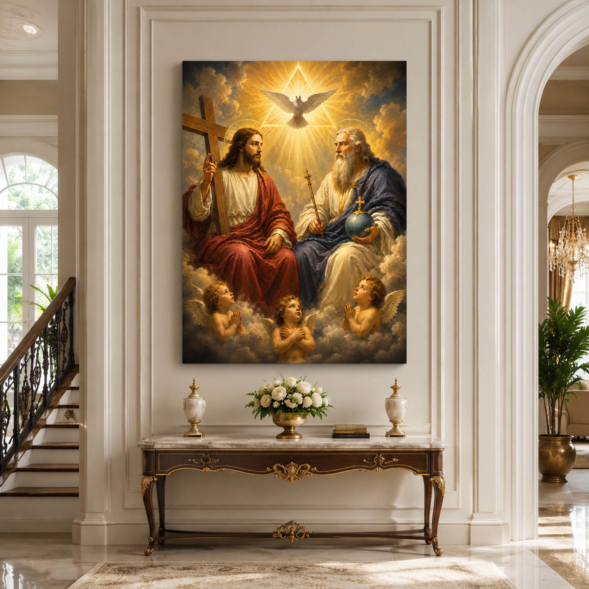 Holy Trinity Catholic Wall Art God the Father Jesus Christ and Holy Spirit Dove Canvas Print Christian Religious Home Decor Sacred Trinity