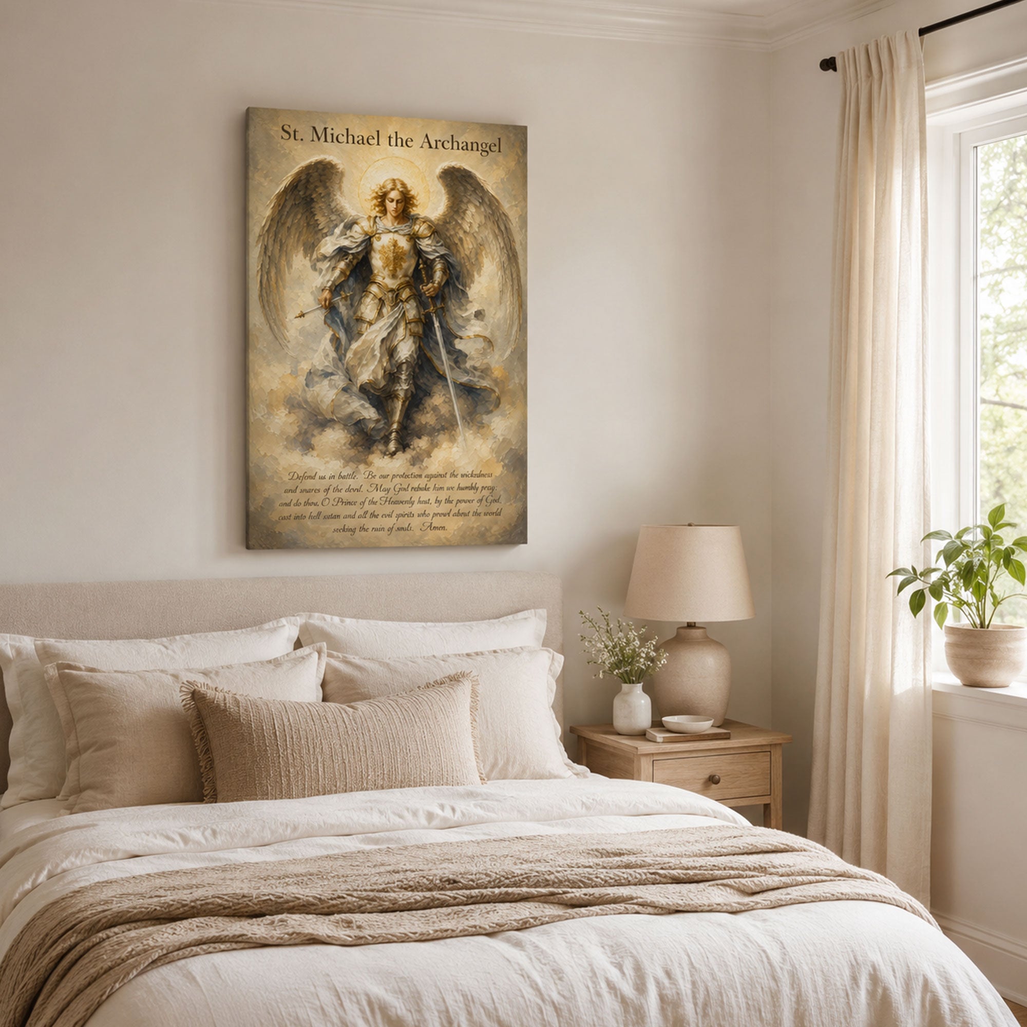 St. Michael the Archangel Prayer Canvas Print, Catholic Angel Wall Art, Faith Home Decor Gift