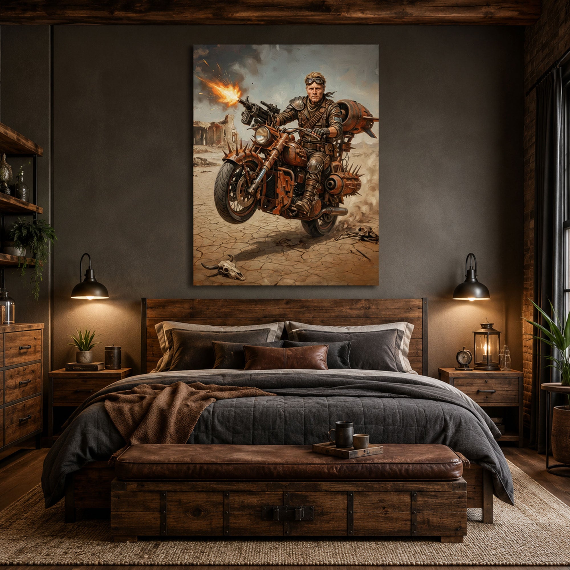 Custom Face For Dad Mad Rider Canvas, Personalized Post-Apocalyptic Biker Portrait, Funny Father’s Day Gift